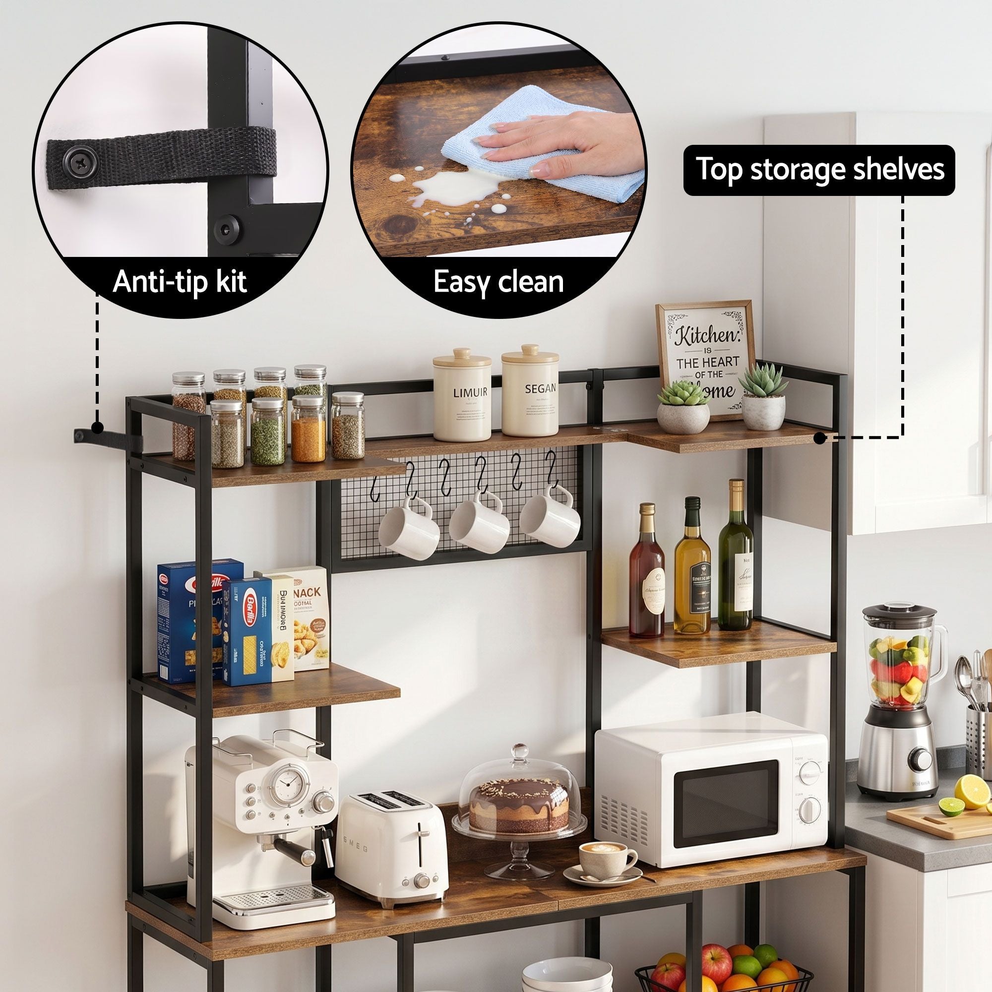 Artiss Kitchen Rack with 6 Hooks Microwave Storage Shelf 120cm x 170cm