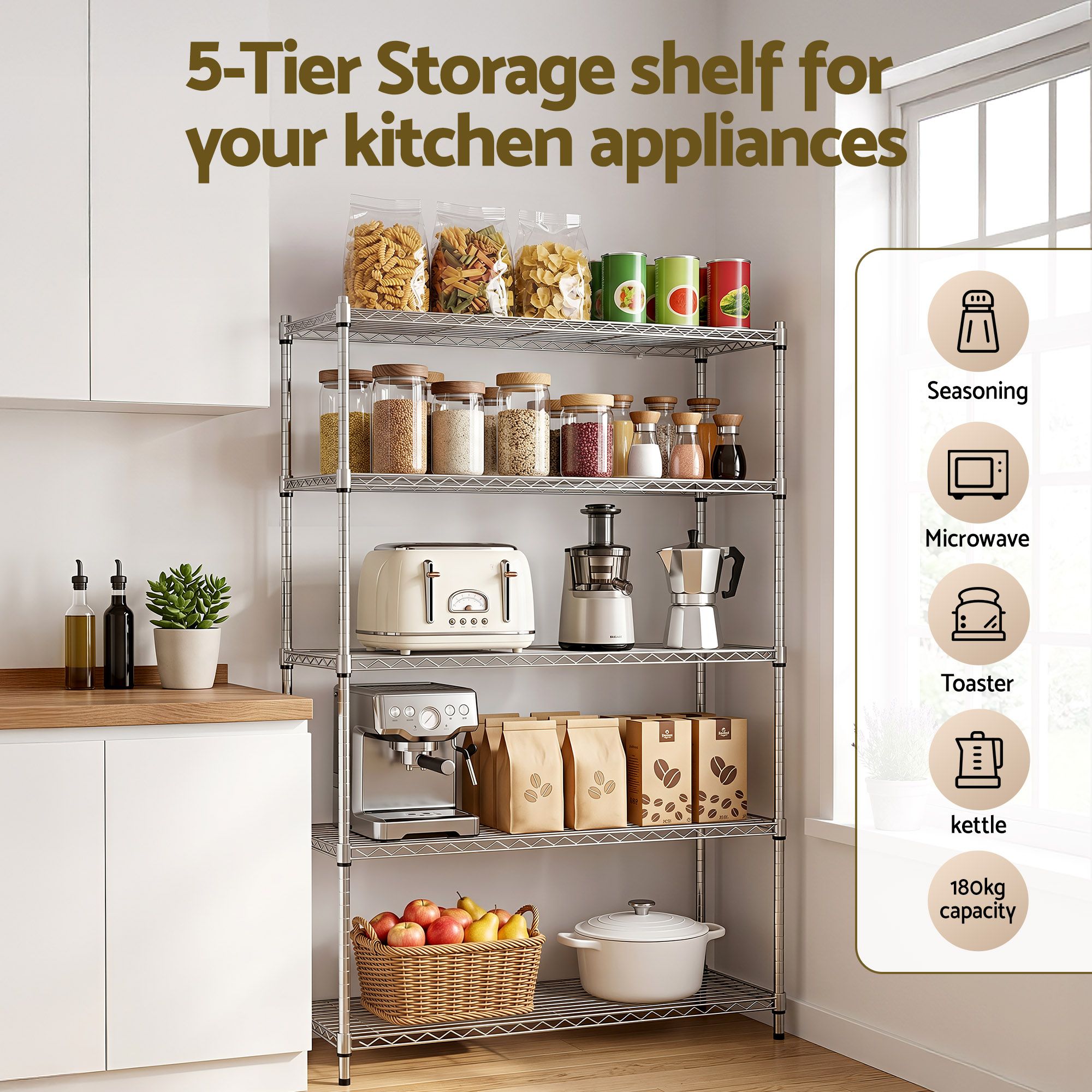 Artiss 5-Tier Kitchen Rack Shelf Shelving 120x45x179CM Adjustable Metal Storage Shelves