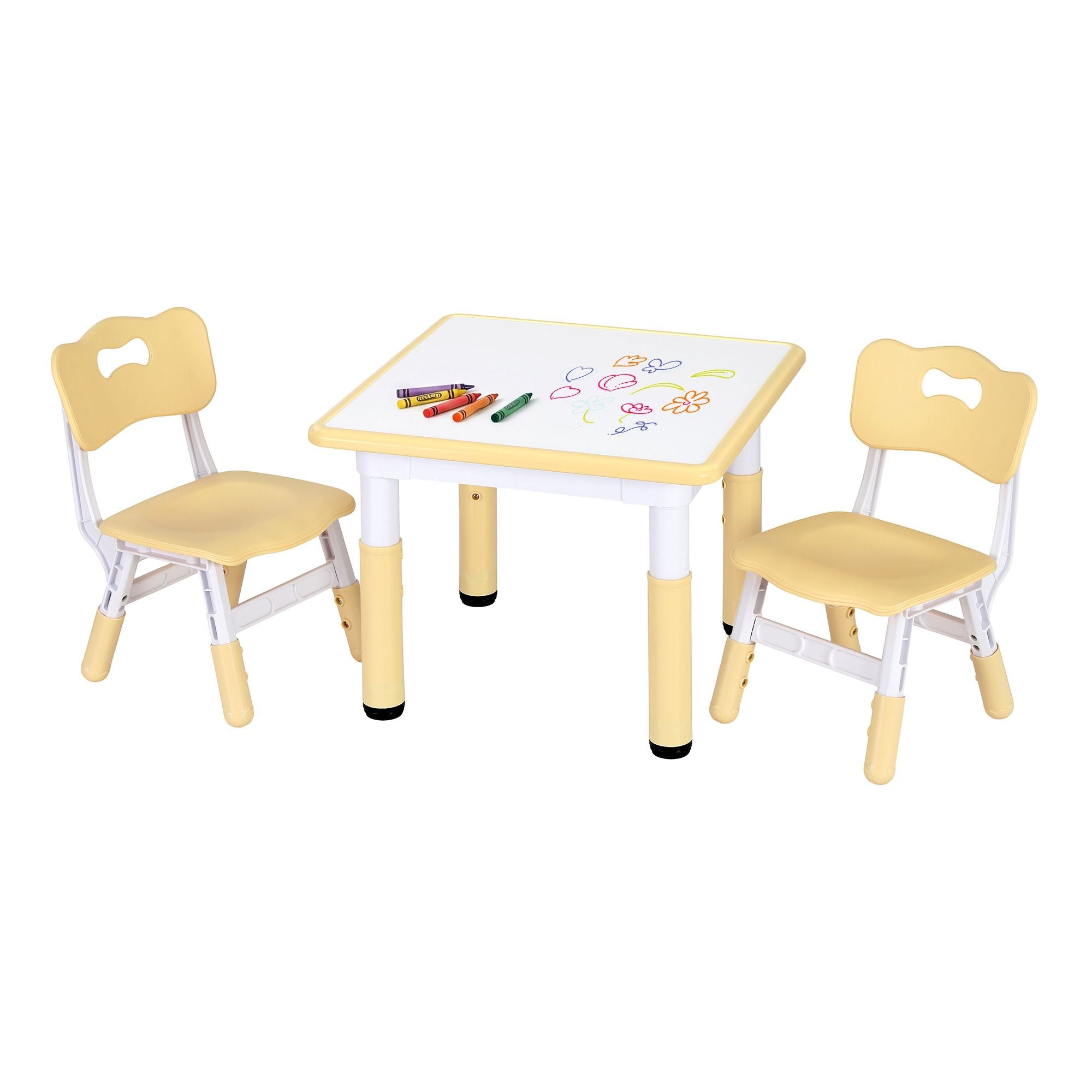 Keezi Kids Table and 2 Chairs Set Height Adjustable Toddler Desk and Chair Set for Ages 3-8, Activity Table with Graffiti Desktop for Learning Drawing Playing, Yellow