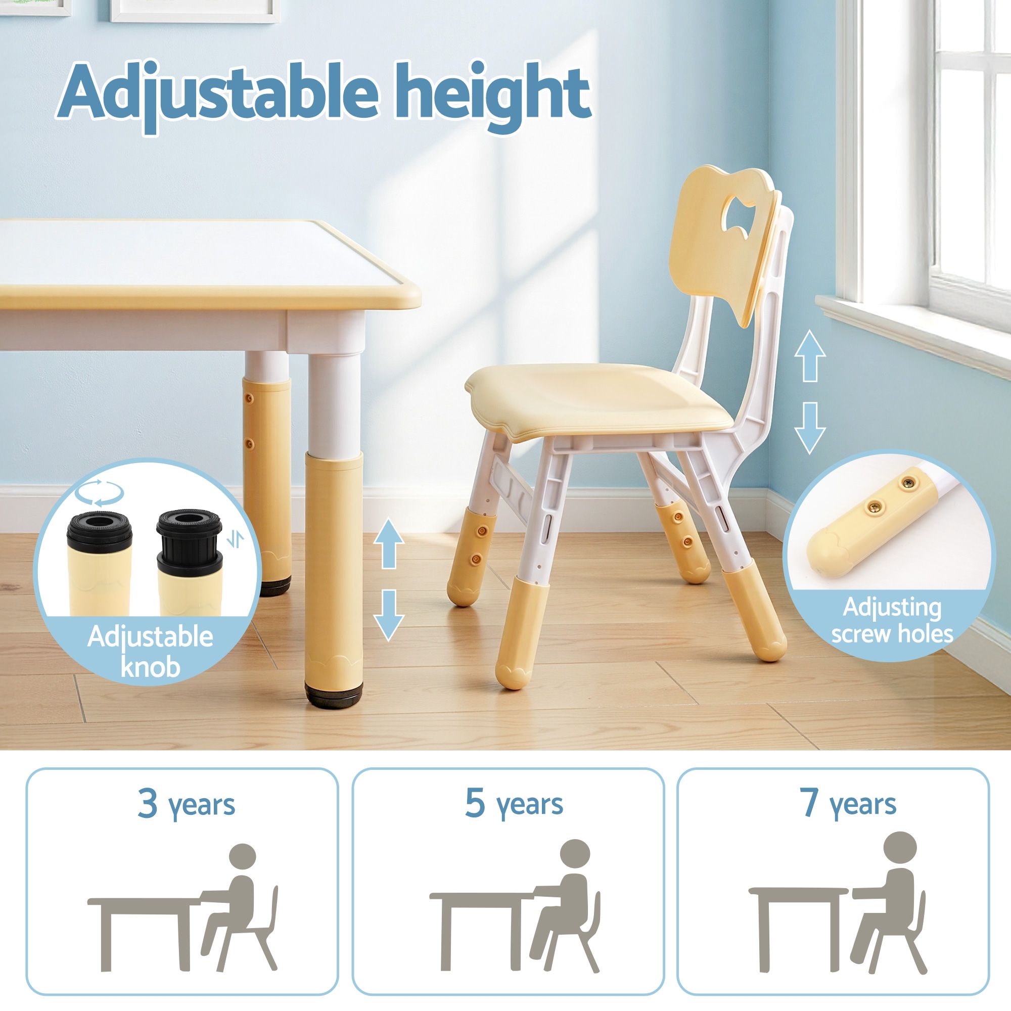 Keezi Kids Table and 2 Chairs Set Height Adjustable Toddler Desk and Chair Set for Ages 3-8, Activity Table with Graffiti Desktop for Learning Drawing Playing, Yellow