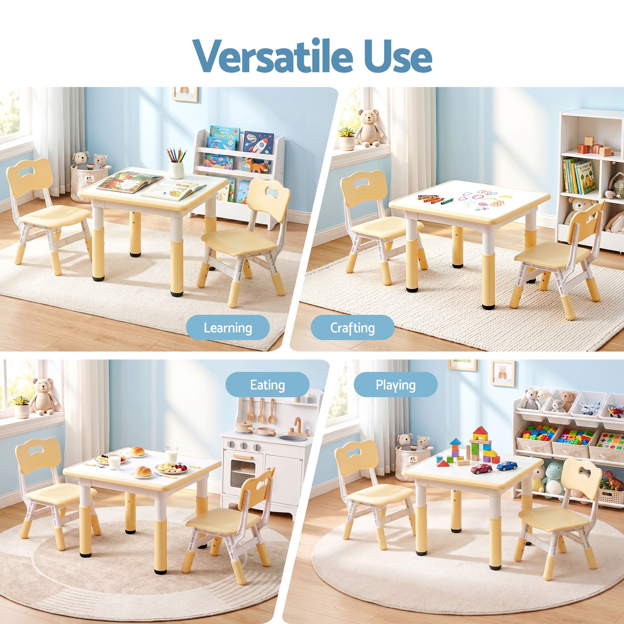 Keezi Kids Table and 2 Chairs Set Height Adjustable Toddler Desk and Chair Set for Ages 3-8, Activity Table with Graffiti Desktop for Learning Drawing Playing, Yellow