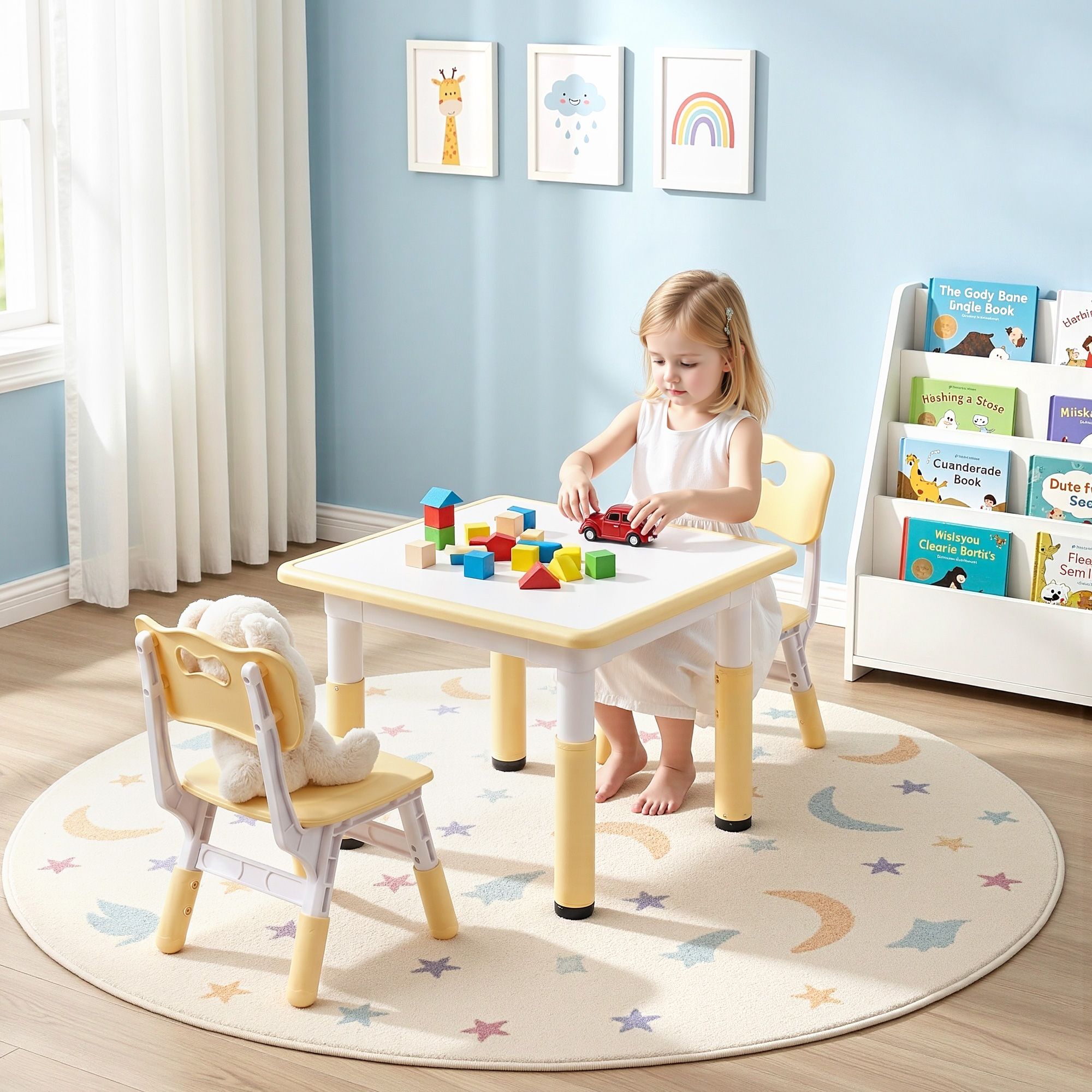 Keezi Kids Table and 2 Chairs Set Height Adjustable Toddler Desk and Chair Set for Ages 3-8, Activity Table with Graffiti Desktop for Learning Drawing Playing, Yellow
