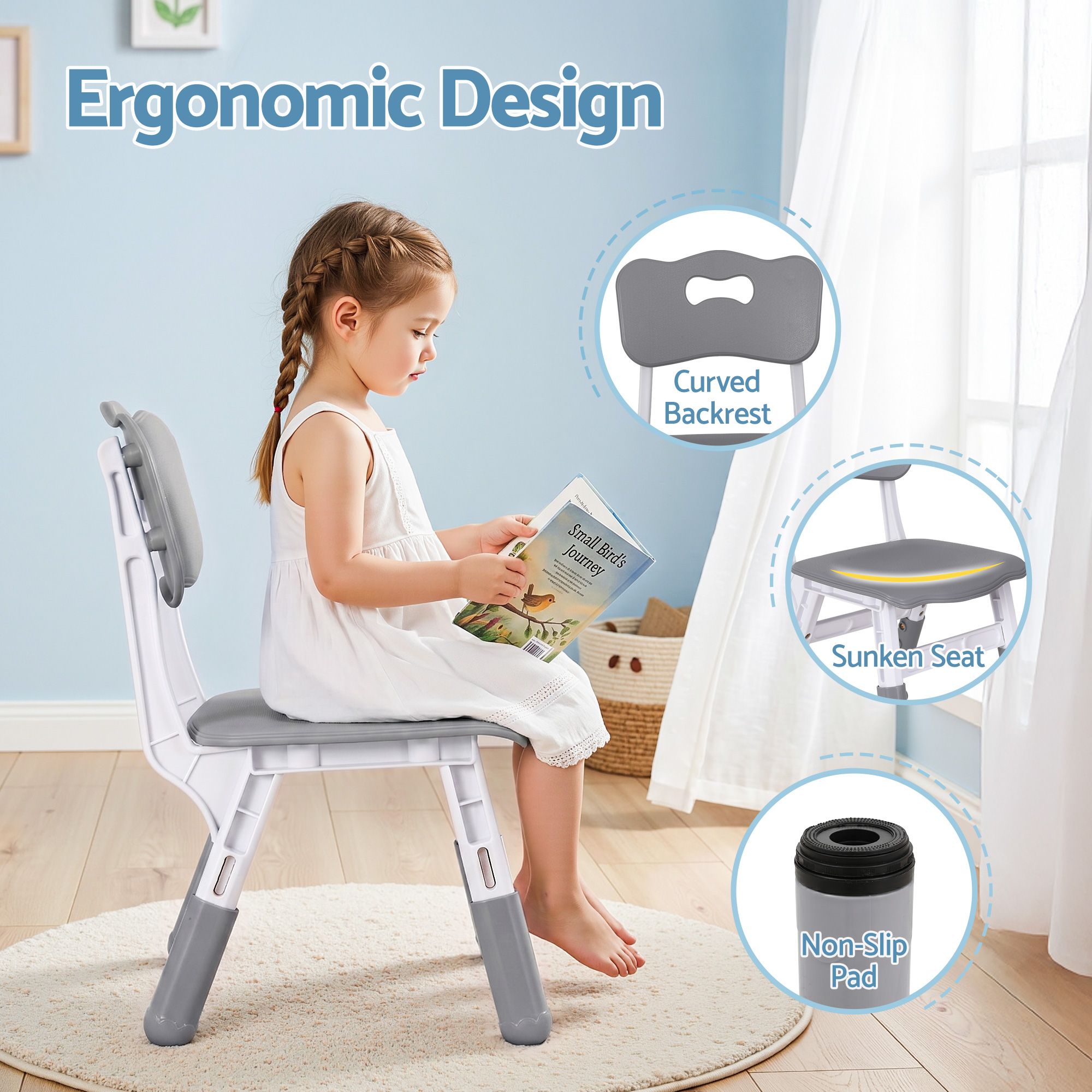 Keezi Kids Table and 4 Chairs Set Height Adjustable Toddler Desk and Chair Set for Ages 3-8, Children Activity Table with Graffiti Desktop for Learning Drawing Playing, Grey