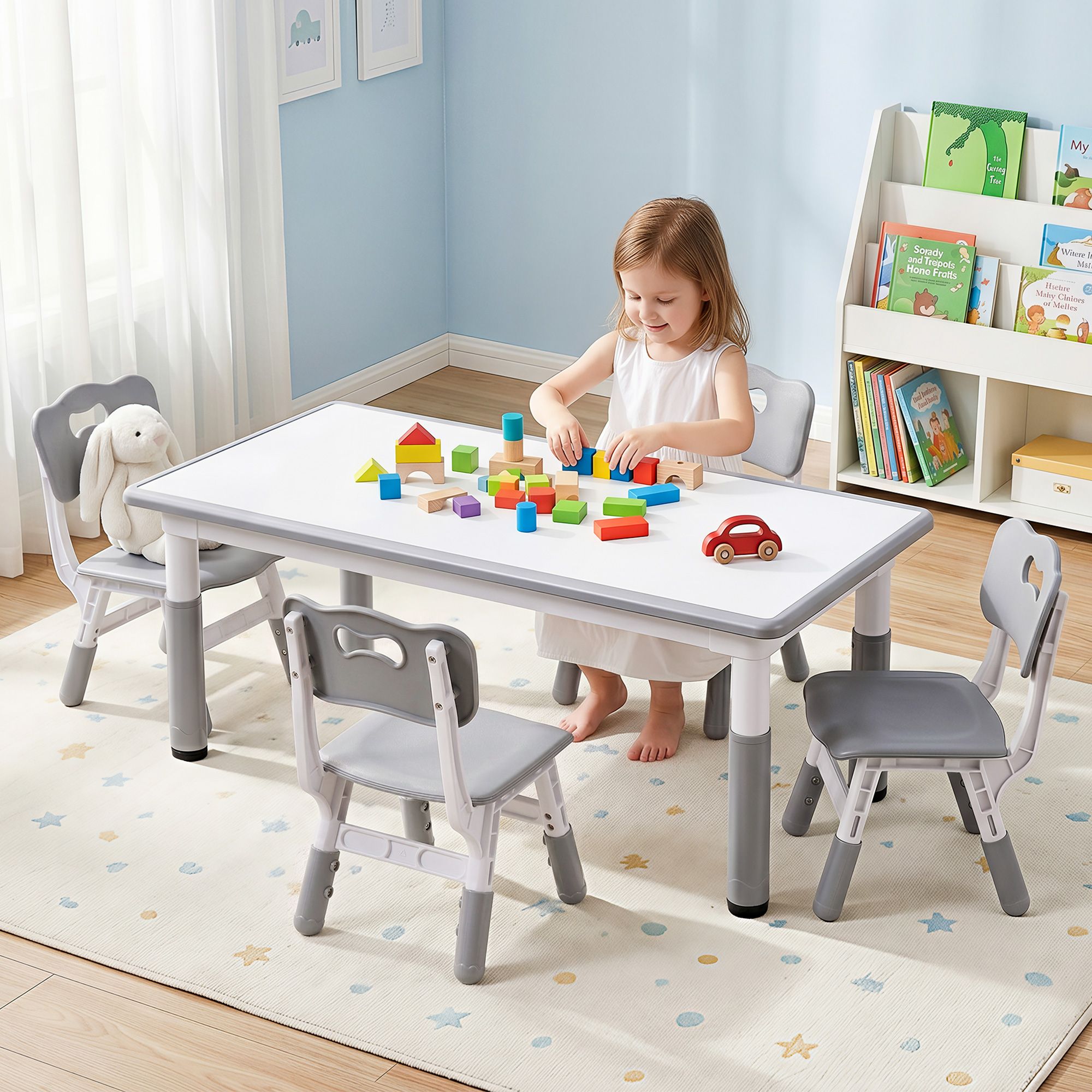 Keezi Kids Table and 4 Chairs Set Height Adjustable Toddler Desk and Chair Set for Ages 3-8, Children Activity Table with Graffiti Desktop for Learning Drawing Playing, Grey