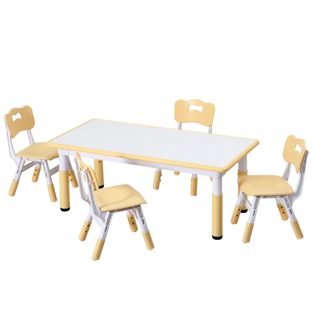 Keezi Kids Table and 4 Chairs Set Height Adjustable Toddler Desk and Chair Set for Ages 3-8, Children Activity Table with Graffiti Desktop for Learning Drawing Playing, Yellow