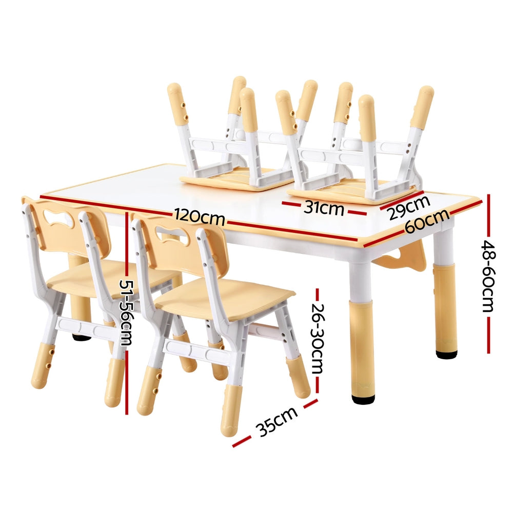 Keezi Kids Table and 4 Chairs Set Height Adjustable Toddler Desk and Chair Set for Ages 3-8, Children Activity Table with Graffiti Desktop for Learning Drawing Playing, Yellow