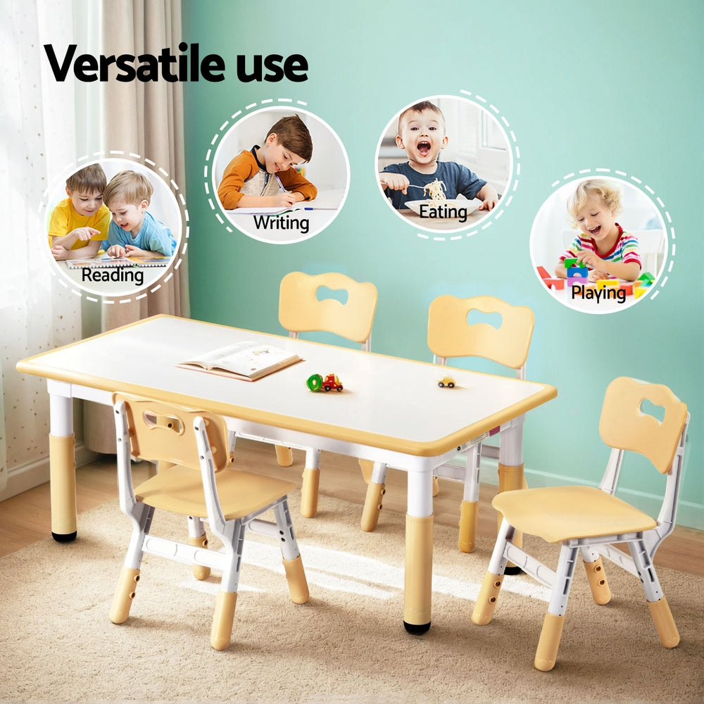 Keezi Kids Table and 4 Chairs Set Height Adjustable Toddler Desk and Chair Set for Ages 3-8, Children Activity Table with Graffiti Desktop for Learning Drawing Playing, Yellow