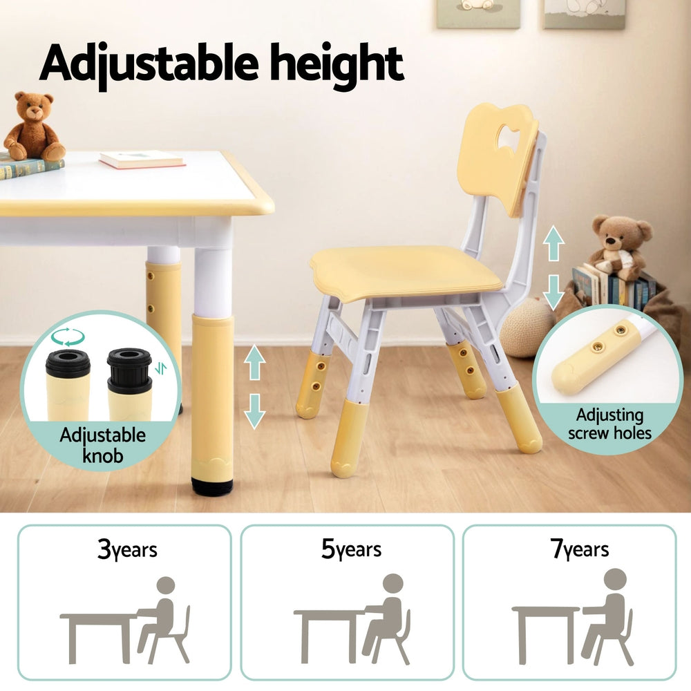 Keezi Kids Table and 4 Chairs Set Height Adjustable Toddler Desk and Chair Set for Ages 3-8, Children Activity Table with Graffiti Desktop for Learning Drawing Playing, Yellow