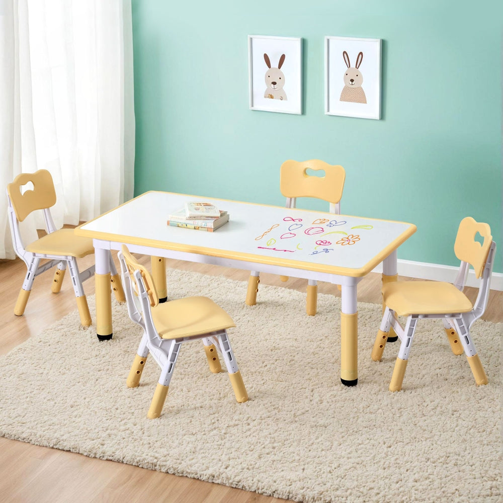 Keezi Kids Table and 4 Chairs Set Height Adjustable Toddler Desk and Chair Set for Ages 3-8, Children Activity Table with Graffiti Desktop for Learning Drawing Playing, Yellow