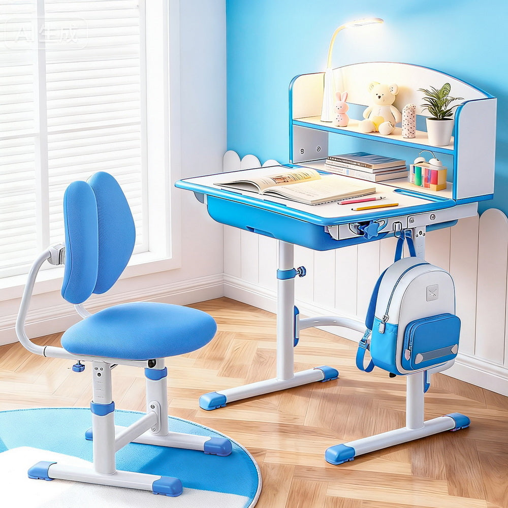 Kid's Tables, Chairs & Seats: Keezi Kids Study Desk Chair Set Adjustable Ergonomic Table LED Lamp Blue