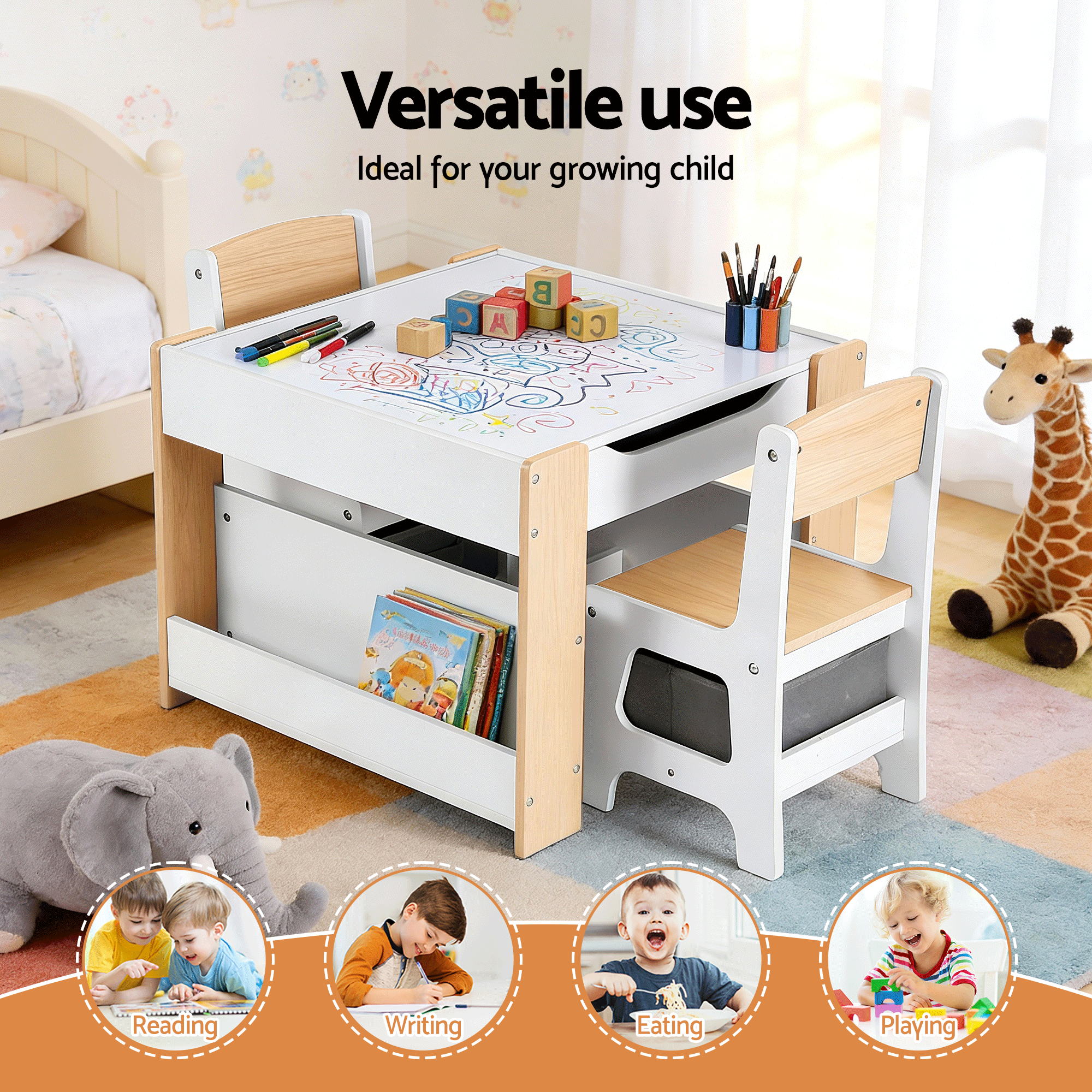 Keezi Kids Table and Chair Set, 4 in 1 Wooden Activity Table with Bookcase, Storage Box and Detachable Blackboard, Toddler Table and 2 Chairs Set, Natural