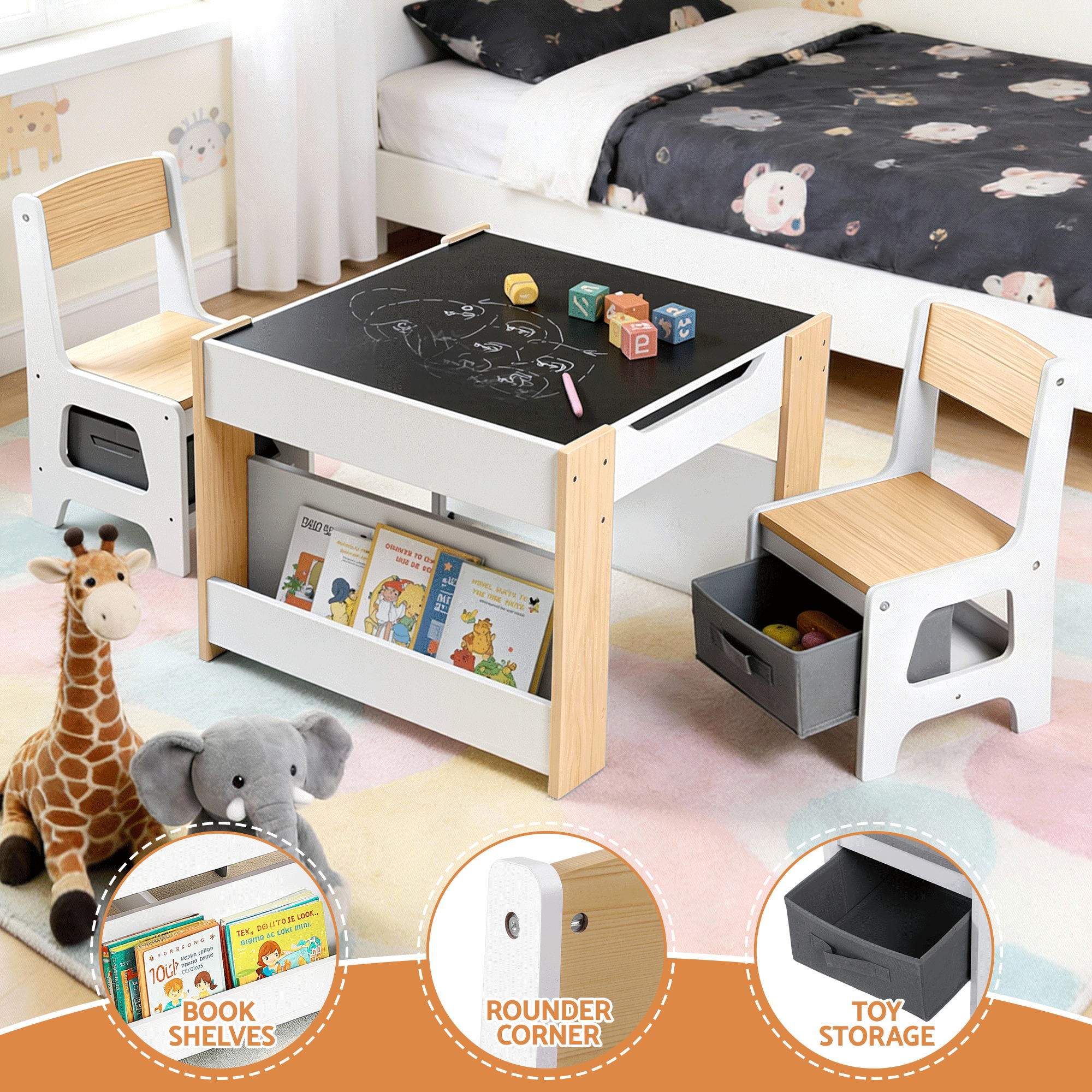 Keezi Kids Table and Chair Set, 4 in 1 Wooden Activity Table with Bookcase, Storage Box and Detachable Blackboard, Toddler Table and 2 Chairs Set, Natural