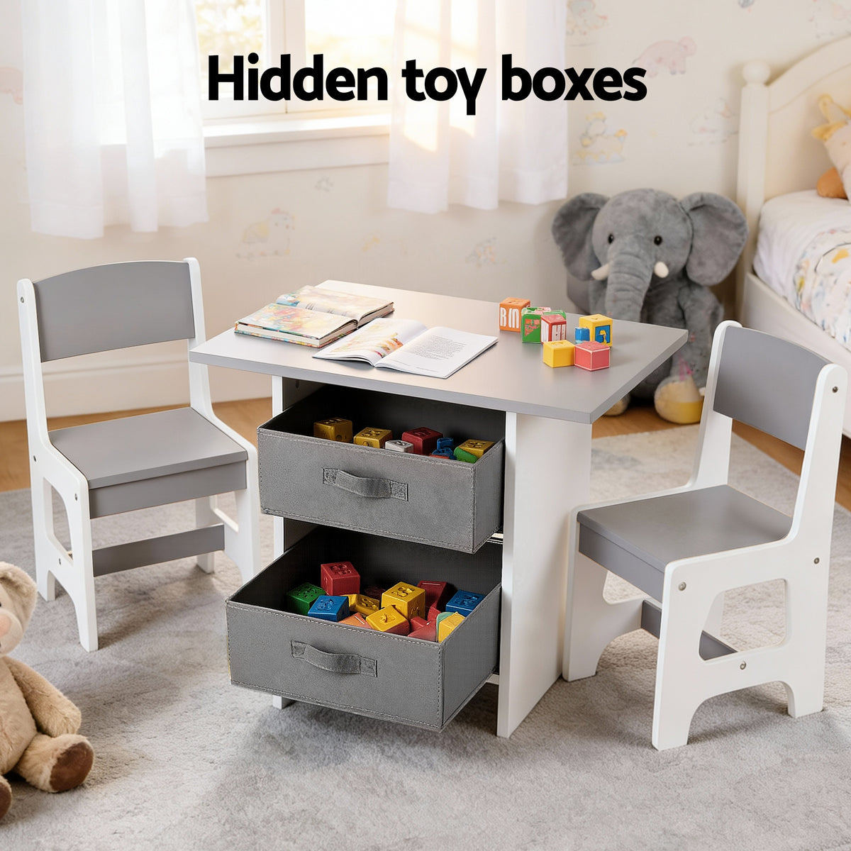 Keezi Kids Table and 2 Chairs Set Wooden Activity Table wit 2 Storage Drawers, Toddler Table and Chair Set for Children Drawing, Reading, Crafts, Eating, Grey