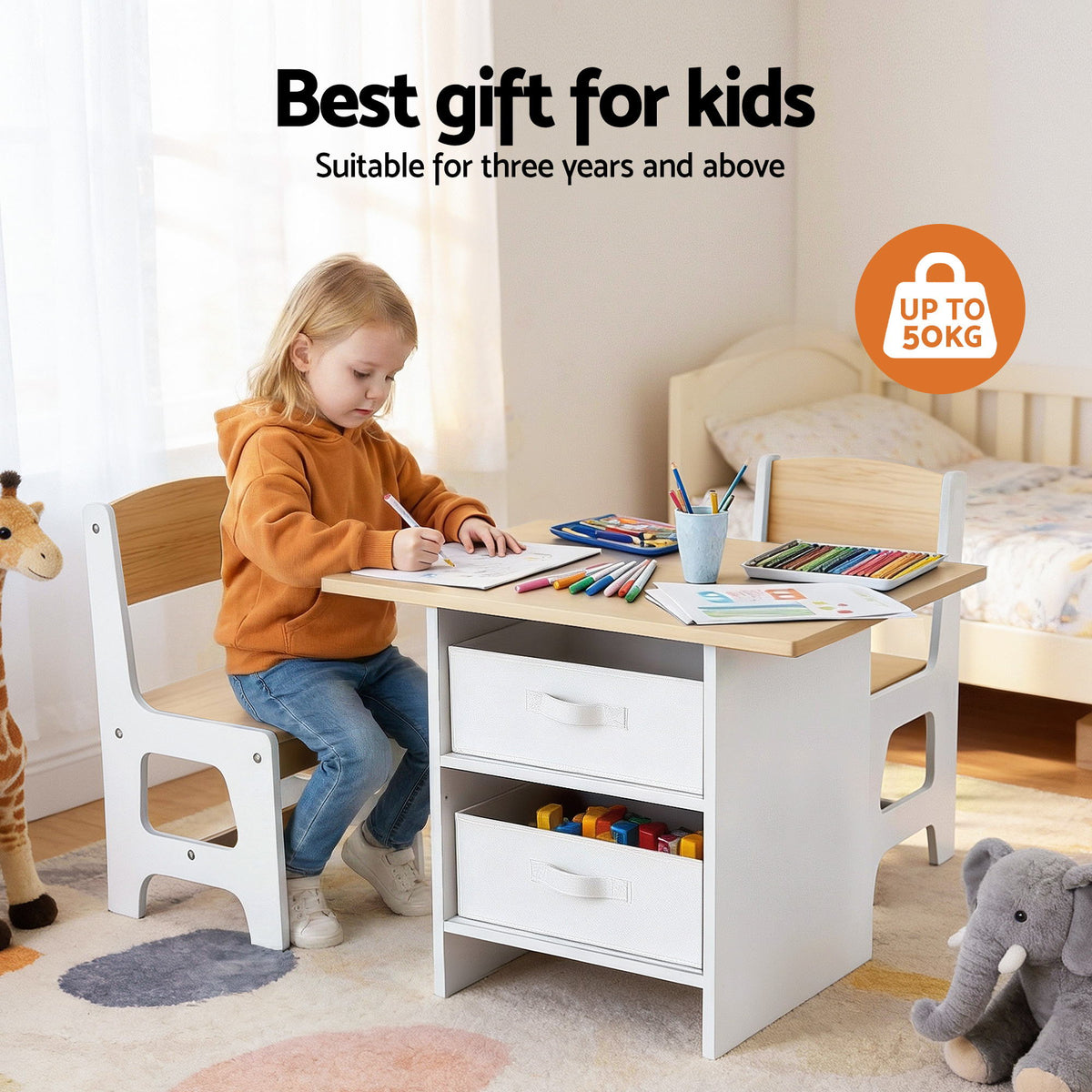 Keezi Kids Table and 2 Chairs Set Wooden Activity Table wit 2 Storage Drawers, Toddler Table and Chair Set for Children Drawing, Reading, Crafts, Eating, Natural