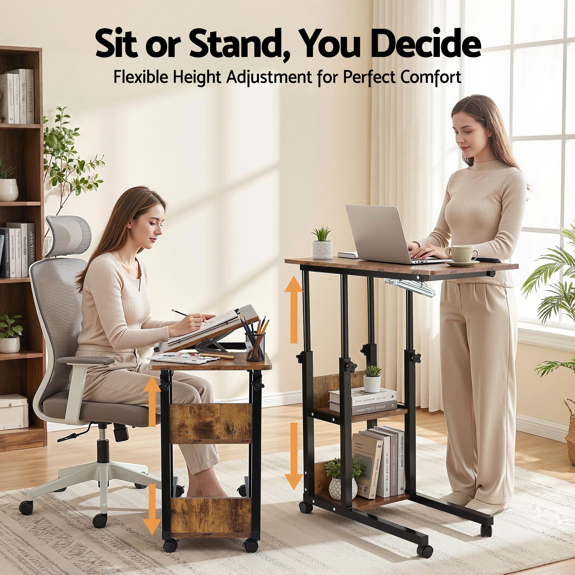 Desktops & Accessories: Artiss 3 Tier Adjustable Laptop Desk Tiltable Mobile Side Table Wheels