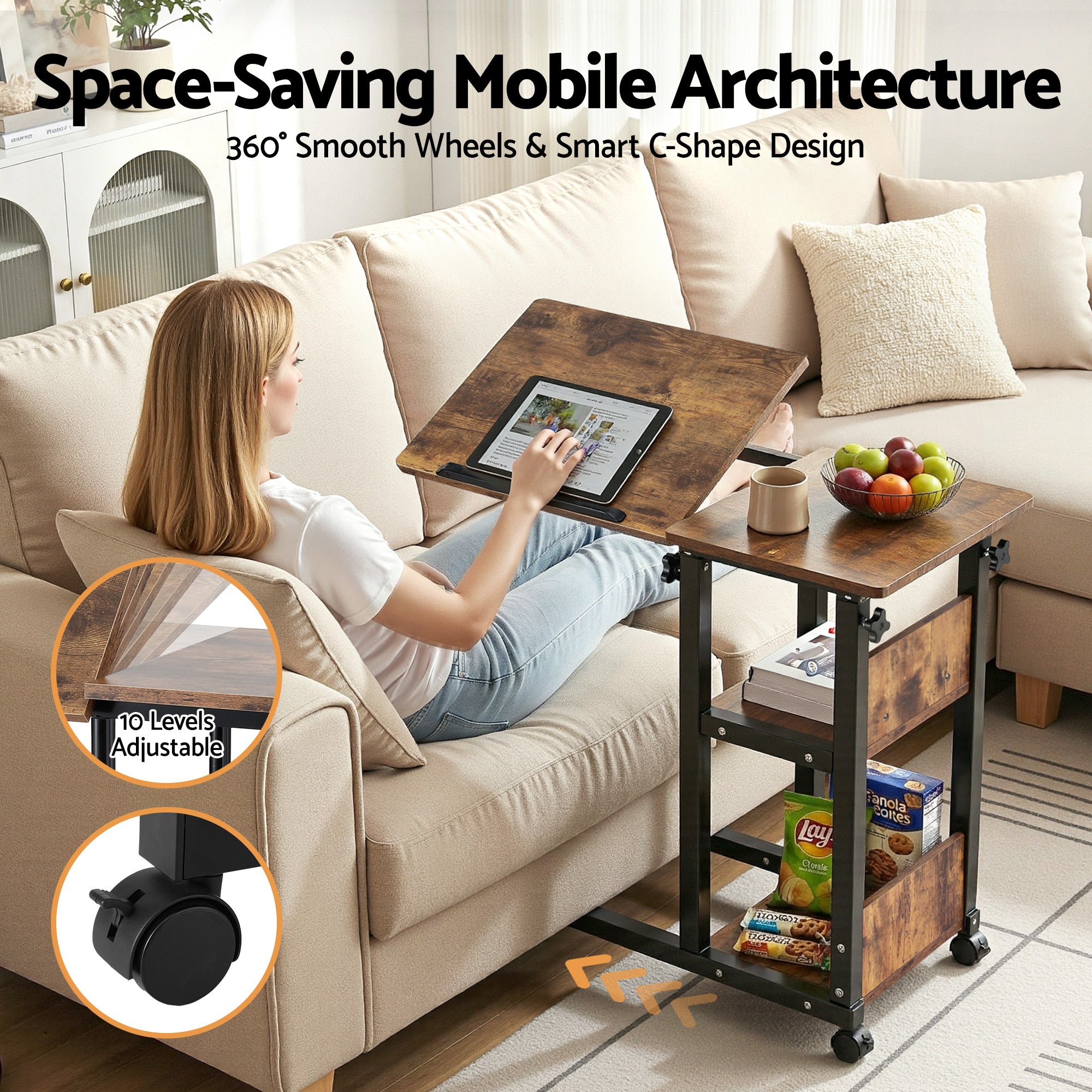 Desktops & Accessories: Artiss 3 Tier Adjustable Laptop Desk Tiltable Mobile Side Table Wheels