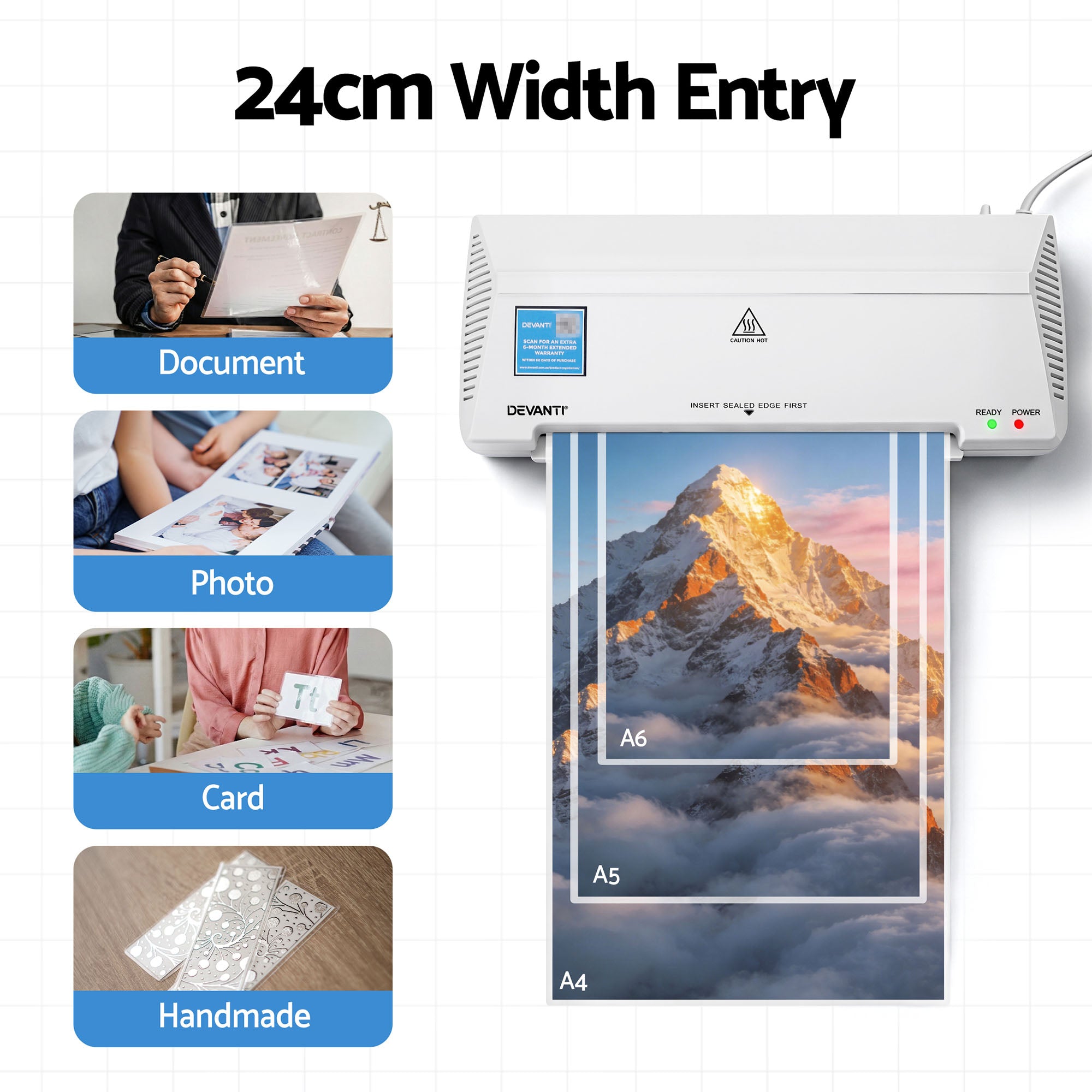 Laminators: Devanti A4 Laminator Machine, Hot & Cold Thermal Fast Lamination Anti-Jam Laminator for Office School Home Document Photo Card Handmade A4 A5 A6, White