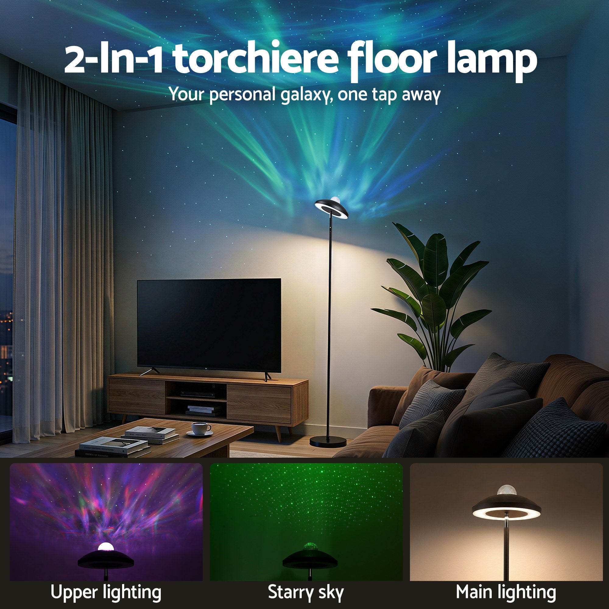 Artiss 2-in-1 LED Floor Lamp with Galaxy Projector &Remote, 178cm Tall Torchiere Standing Light with Dynamic RGB Aurora Stepless 4 Colour Temperatures, 1H Timer for Living Room, Bedroom Kids Room