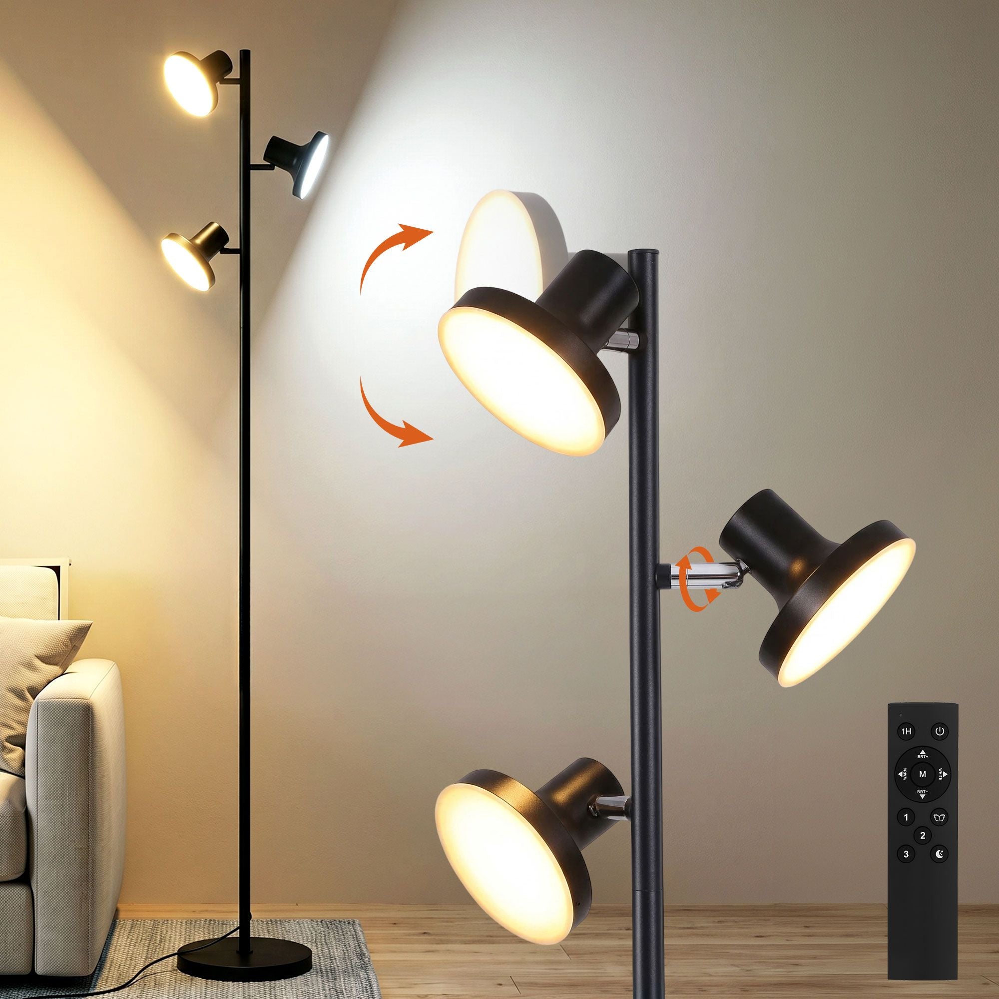 Artiss LED Tree Floor Lamp, 36W Modern Dimmable Standing Lamp with Remote & Touch Control, 4 Color Temperatures, 3 Rotatable LED Light Floor Lamps for Living Room, Bedroom, Office