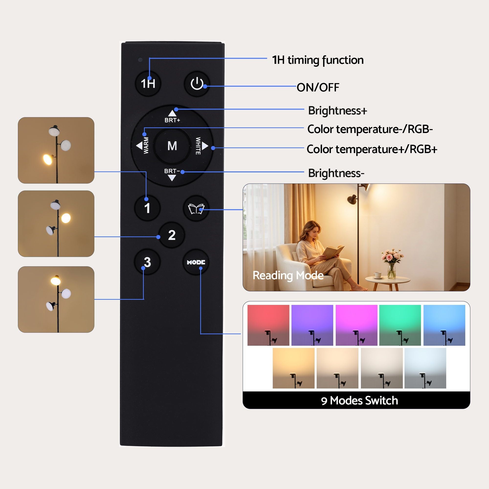 Artiss RGB Floor Lamp LED with 3 Swivel Lights Color Changing Lamp with Remote Stepless Dimmable