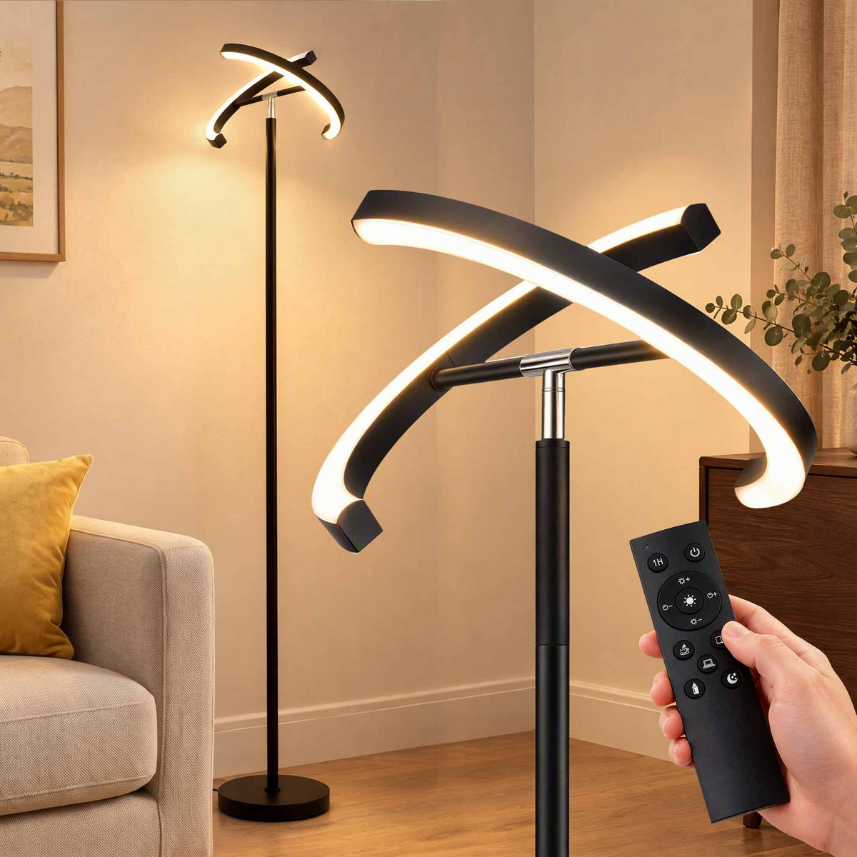 Artiss LED Floor Lamp with Dual Rotating Heads, Dimmable Light and Remote Control Black 20W