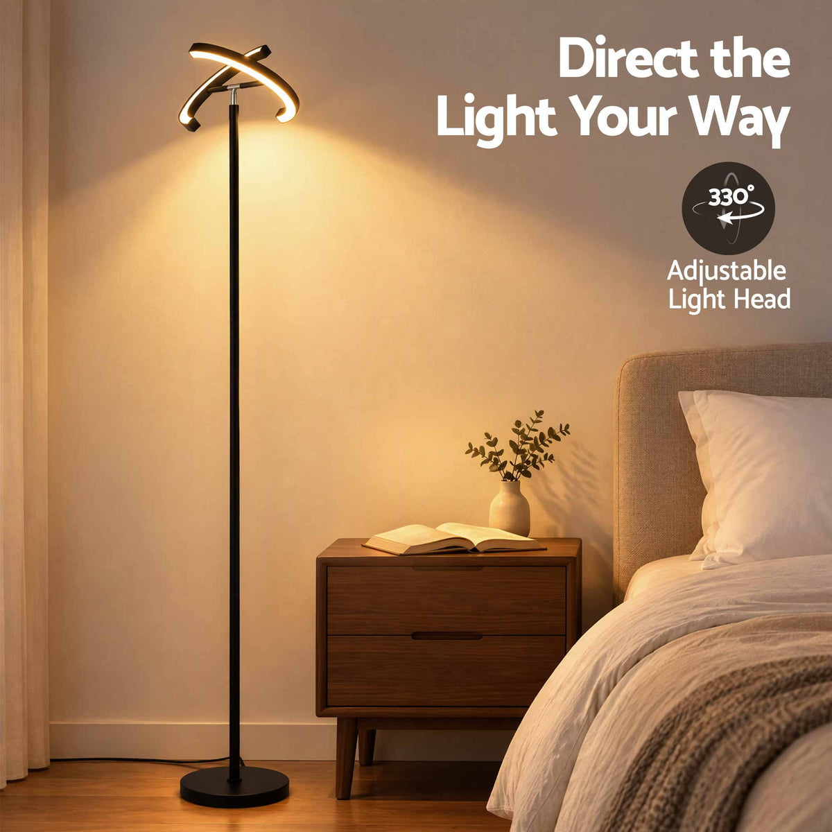 Artiss LED Floor Lamp with Dual Rotating Heads, Dimmable Light and Remote Control Black 20W