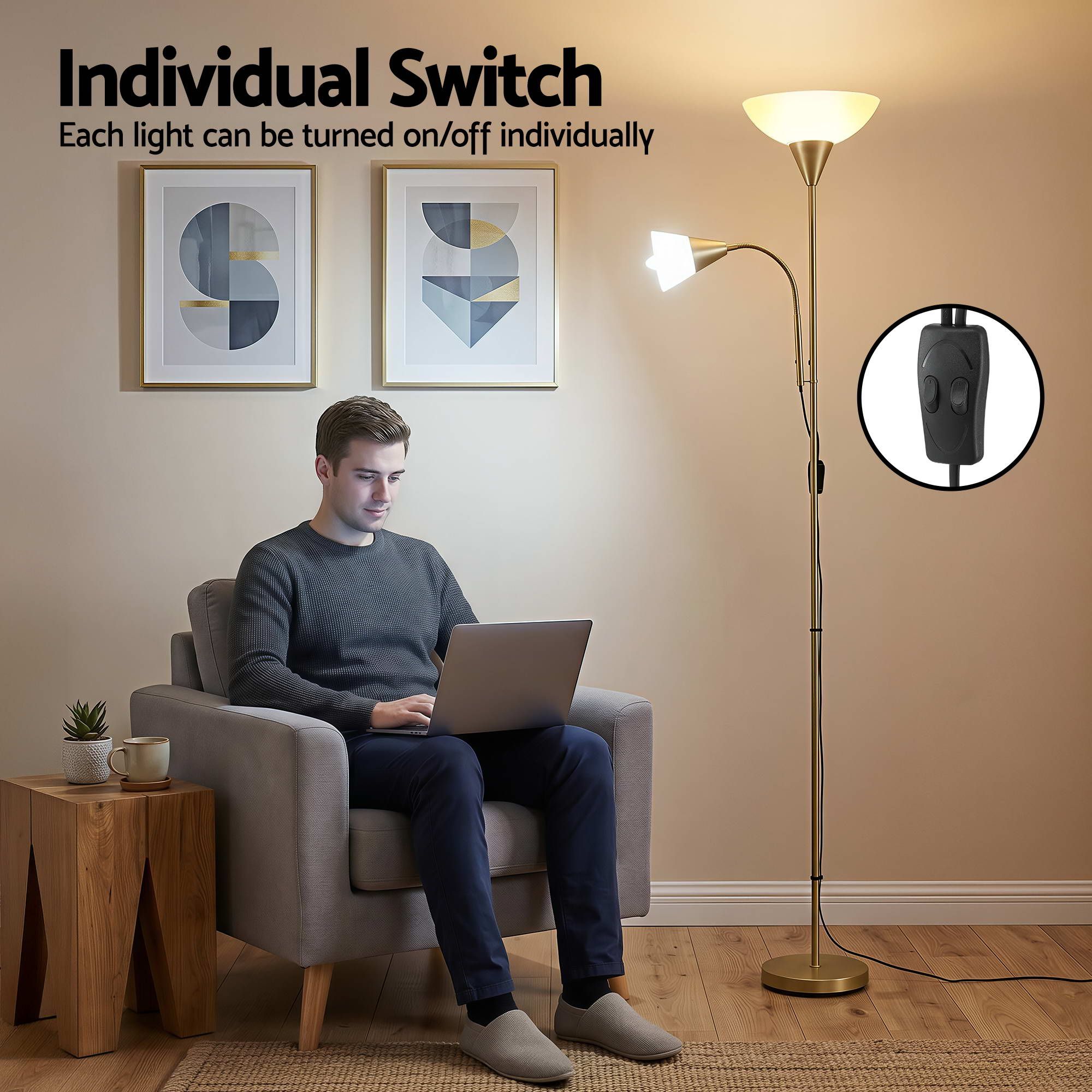 Artiss Gold Floor Lamp with Reading Light | Mother and Child Standing Lamp with 360 Flexible Gooseneck, Individual Switch & Plate Shade, E27 & E14 Bulb (Not Included) Home Living Room Office Reading