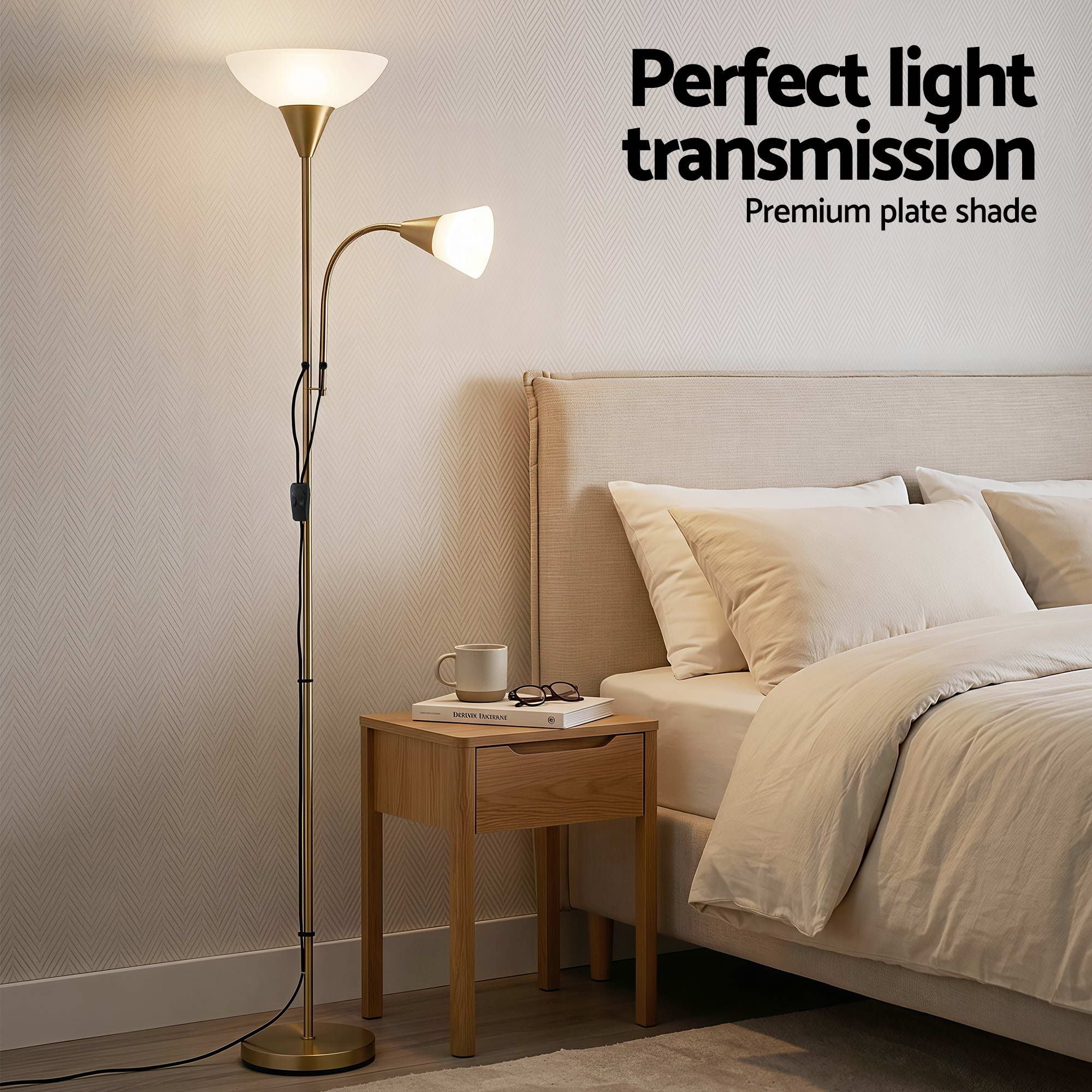 Artiss Gold Floor Lamp with Reading Light | Mother and Child Standing Lamp with 360 Flexible Gooseneck, Individual Switch & Plate Shade, E27 & E14 Bulb (Not Included) Home Living Room Office Reading