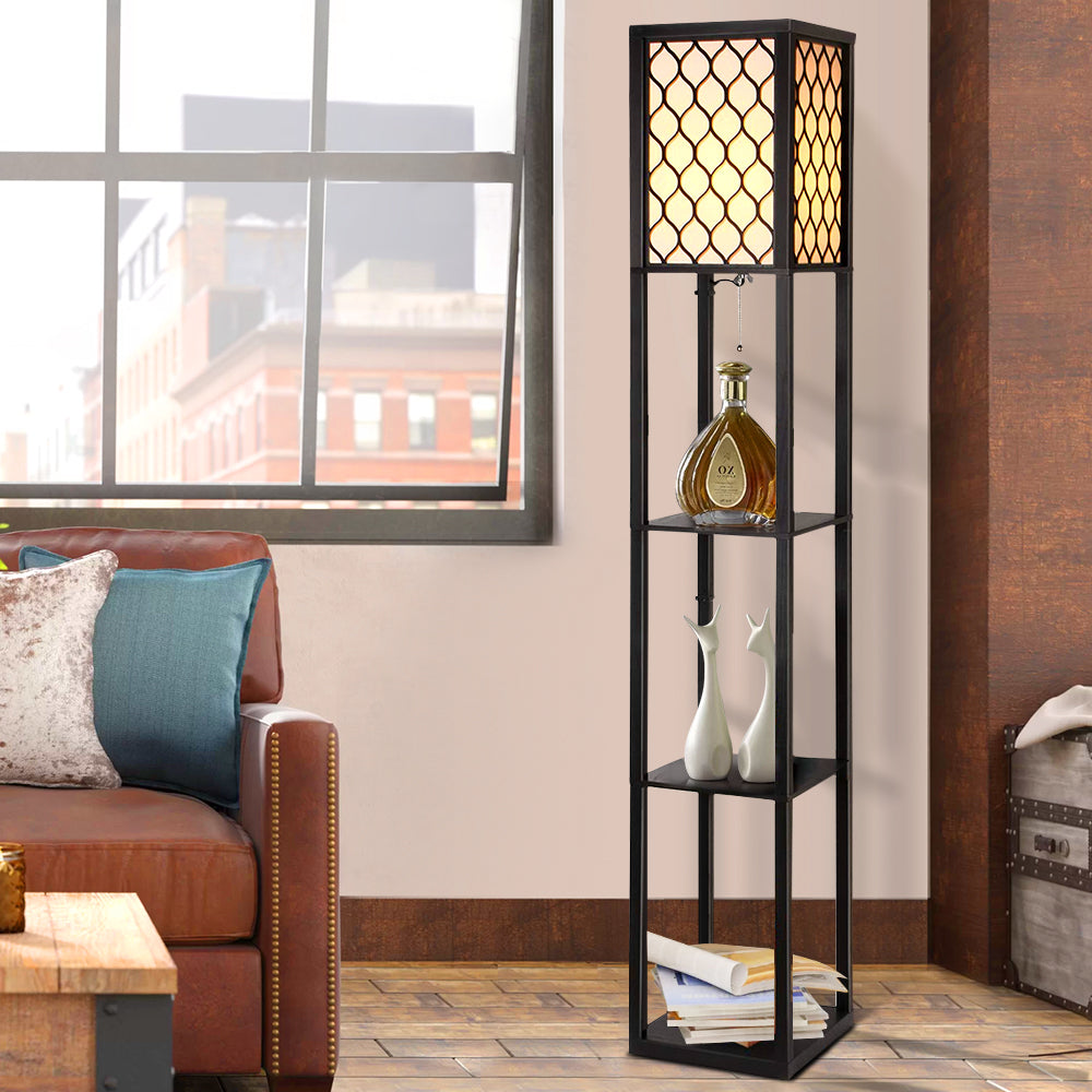 Floor Lamps: Artiss Floor Lamp 3 Tier Shelf Storage LED Light Stand Home Room Pattern Black