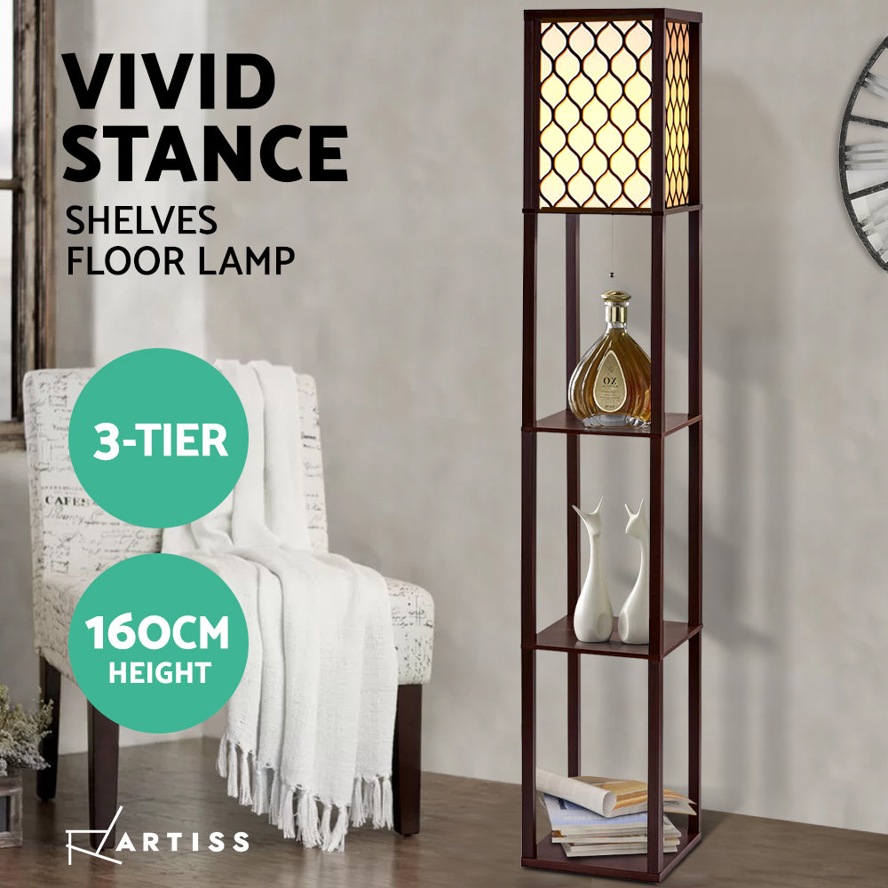 Floor Lamps: Artiss Floor Lamp 3 Tier Shelf Storage LED Light Stand Home Room Pattern Brown