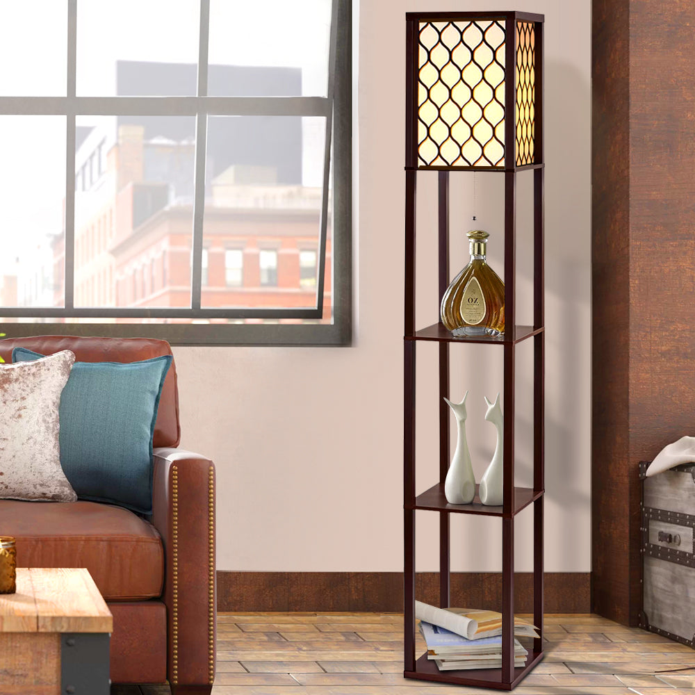 Floor Lamps: Artiss Floor Lamp 3 Tier Shelf Storage LED Light Stand Home Room Pattern Brown