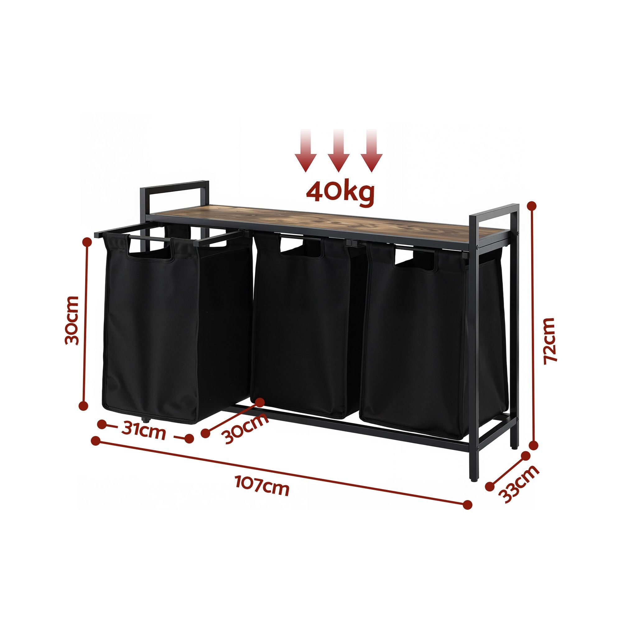 Artiss Laundry Basket with 3 Pull-out Bags Metal Frame Black