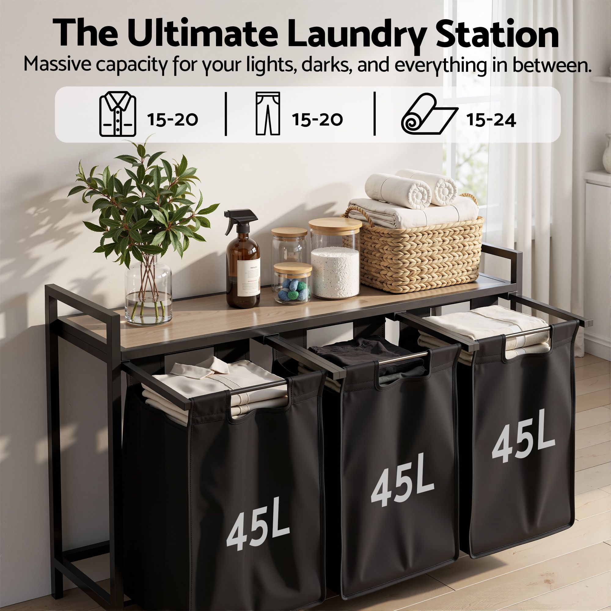 Artiss Laundry Basket with 3 Pull-out Bags Metal Frame Black