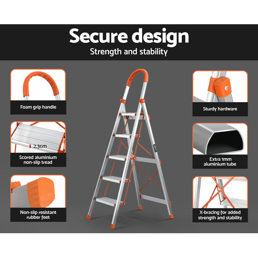 Ladders & Scaffolding: Giantz 5 Step Ladder Multi-Purpose Folding Aluminium Light Weight Non Slip Platform