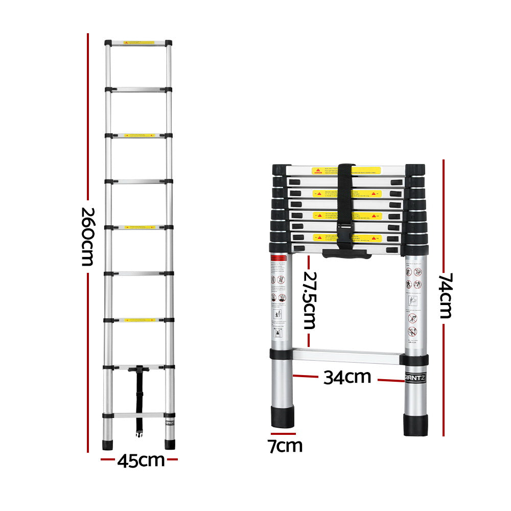 Ladders & Scaffolding: Giantz 2.6M Telescopic Ladder Aluminium Extension Extendable Steps Adjustable Height