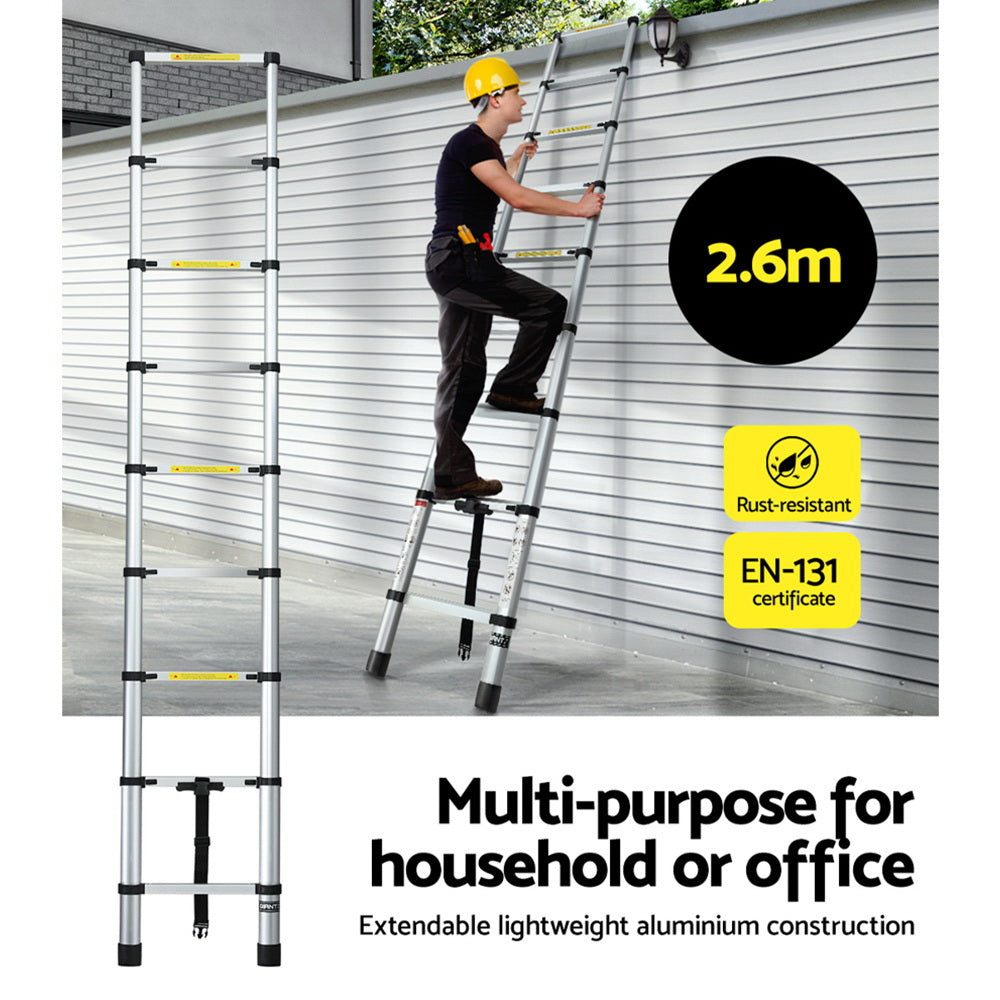 Ladders & Scaffolding: Giantz 2.6M Telescopic Ladder Aluminium Extension Extendable Steps Adjustable Height