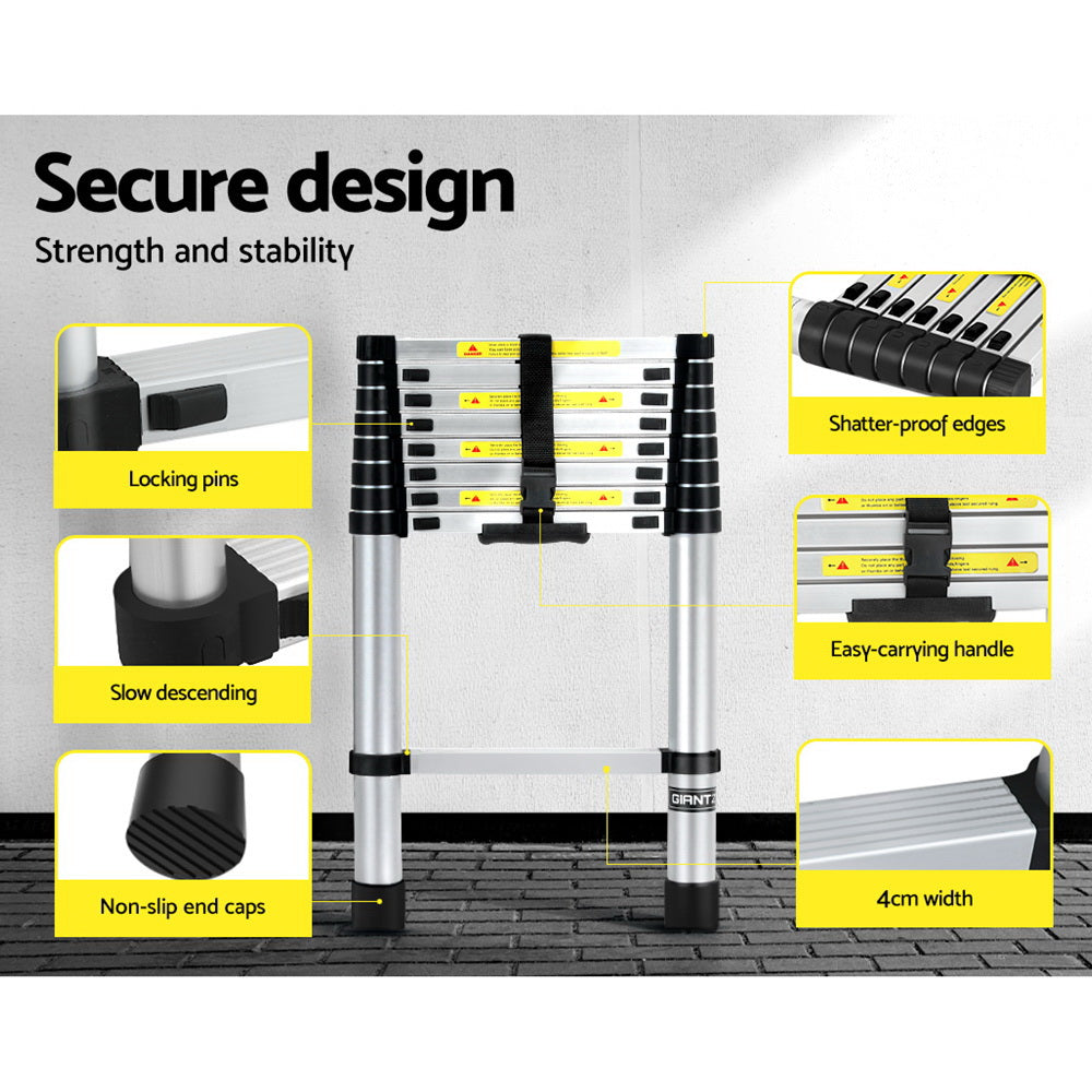 Ladders & Scaffolding: Giantz 2.6M Telescopic Ladder Aluminium Extension Extendable Steps Adjustable Height