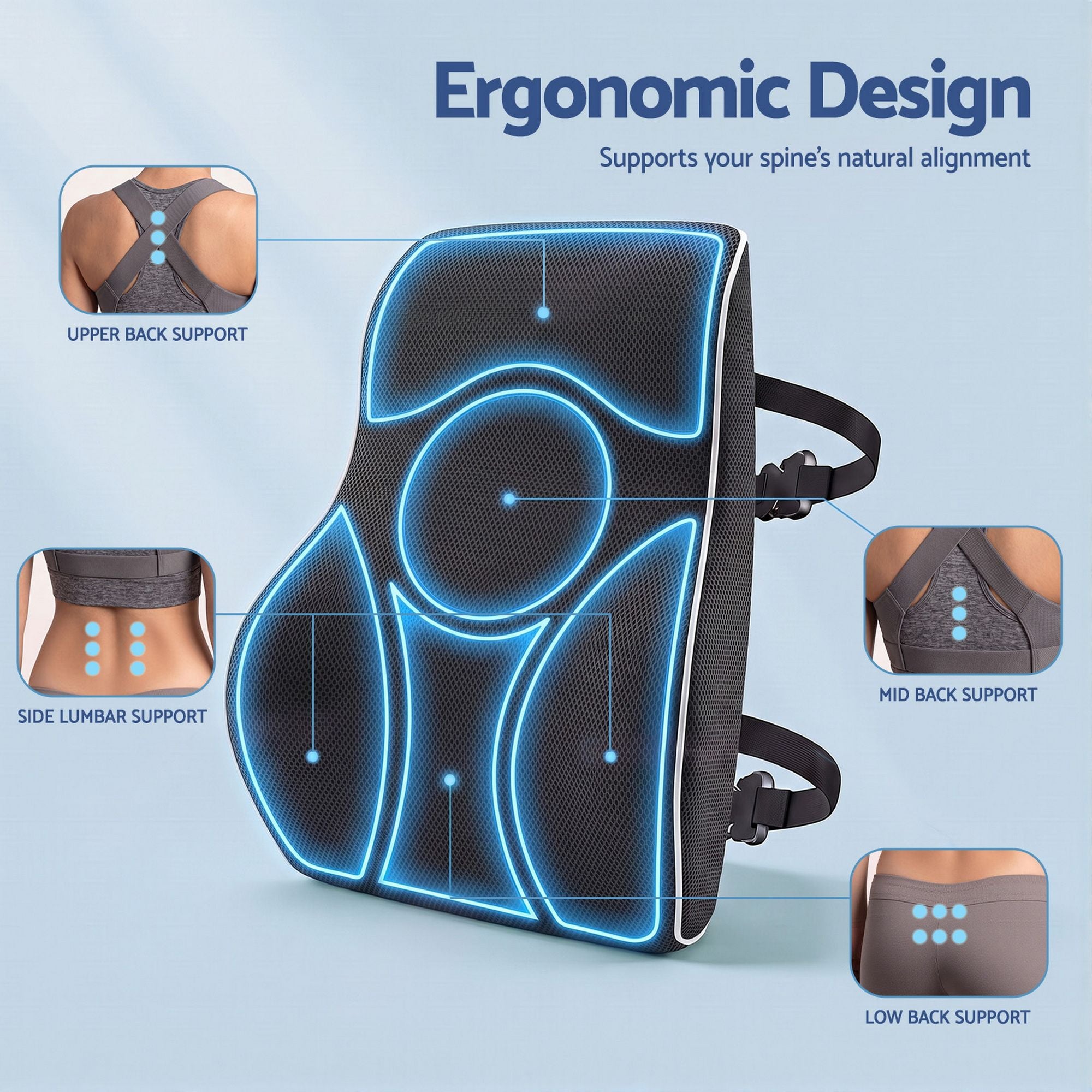Artiss Ergonomic Lumbar Support Cushion for Office Chair and Car Memory Foam Lumbar Pillow for Back, Breathable Back Support Pillow with Adjustable Straps for Office Gaming Car Home