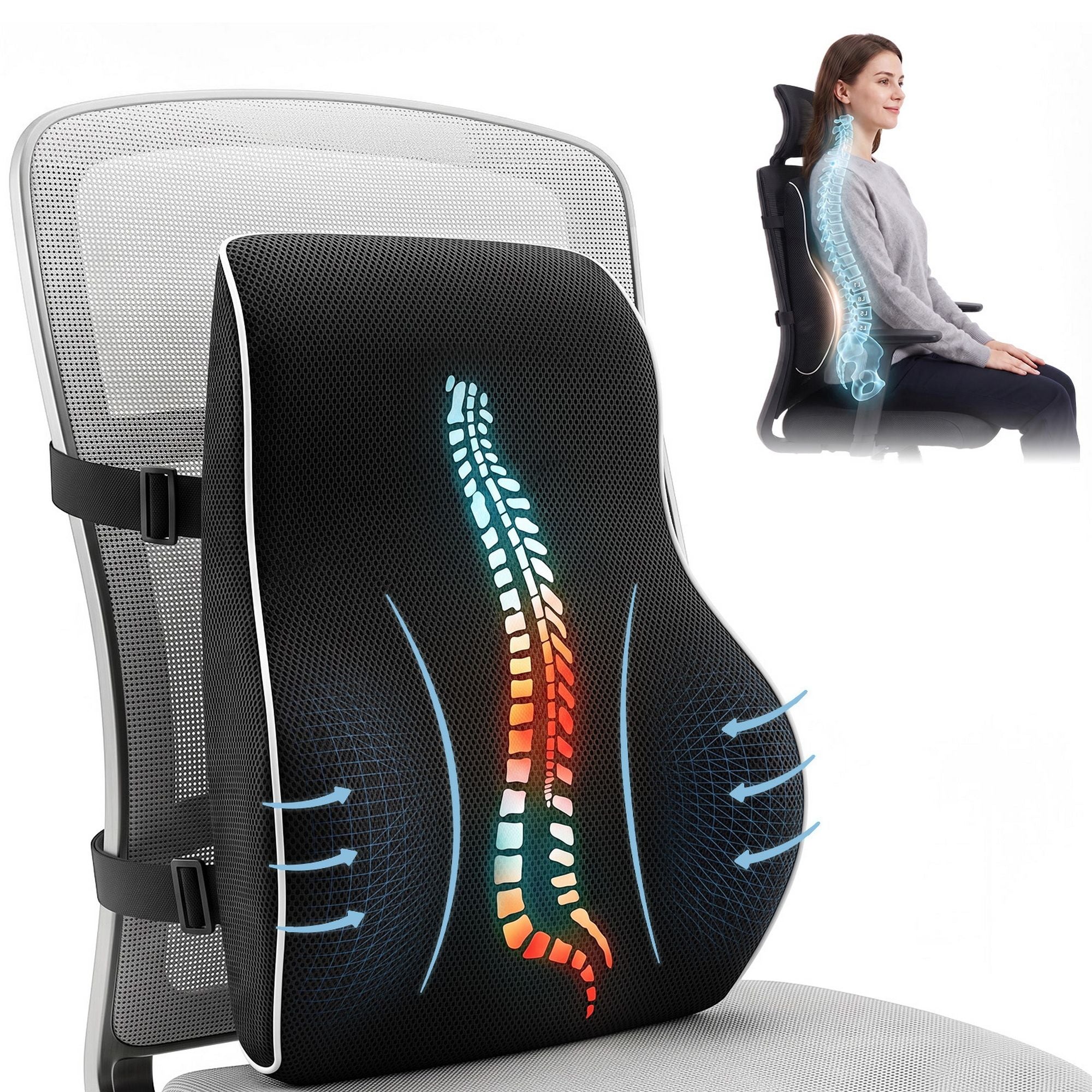 Artiss Ergonomic Lumbar Support Cushion for Office Chair and Car Memory Foam Lumbar Pillow for Back, Breathable Back Support Pillow with Adjustable Straps for Office Gaming Car Home