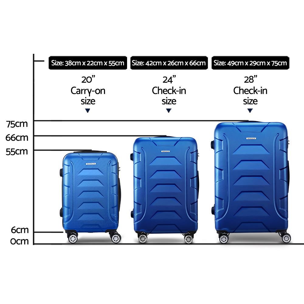 Suitcases: Wanderlite 3Set 20-24-28 Inch Luggage with TSA Lock Spinner Carry On Hard Shell Travel Suitcase Luggage Case Blue