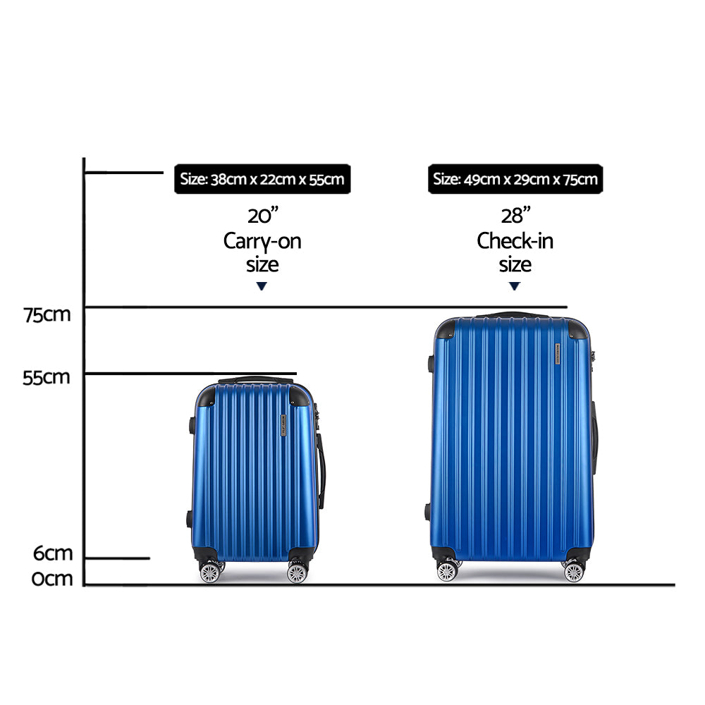 Suitcases: Wanderlite 2 Set Luggage 20-28 Inch with Zipper Lock Carry On Hard Shell Travel Suitcase Luggage Case Blue