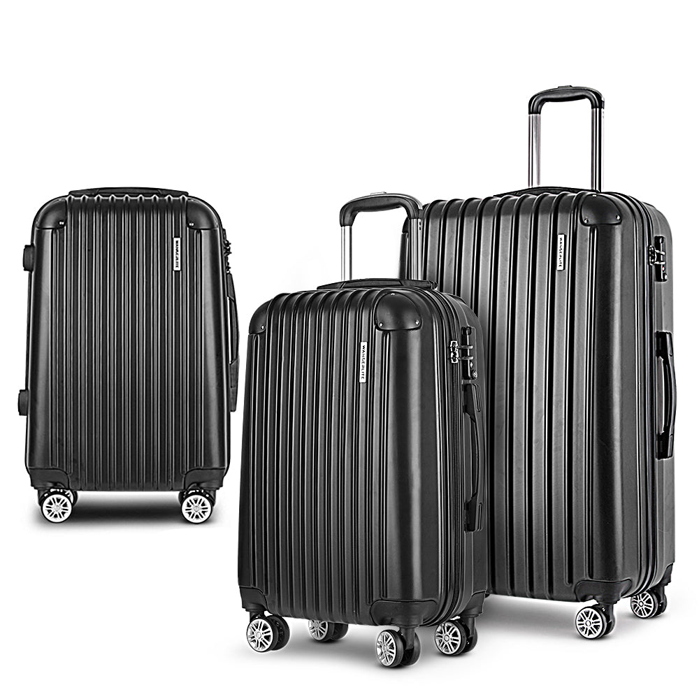 Suitcases: Wanderlite 3 Set Luggage 20-24-28 Inch with Zipper Lock Carry On Hard Shell Travel Suitcase Luggage Case Black
