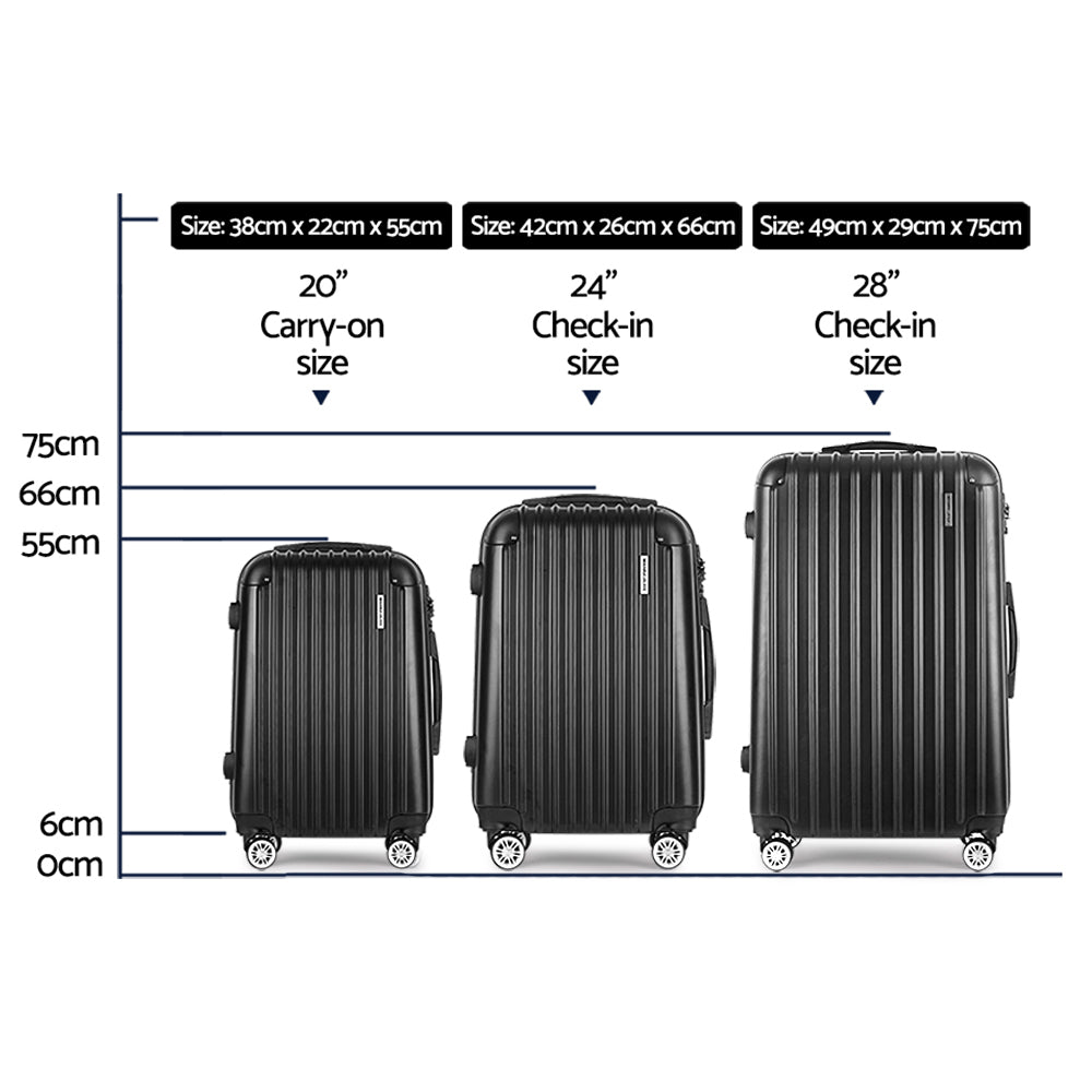 Suitcases: Wanderlite 3 Set Luggage 20-24-28 Inch with Zipper Lock Carry On Hard Shell Travel Suitcase Luggage Case Black