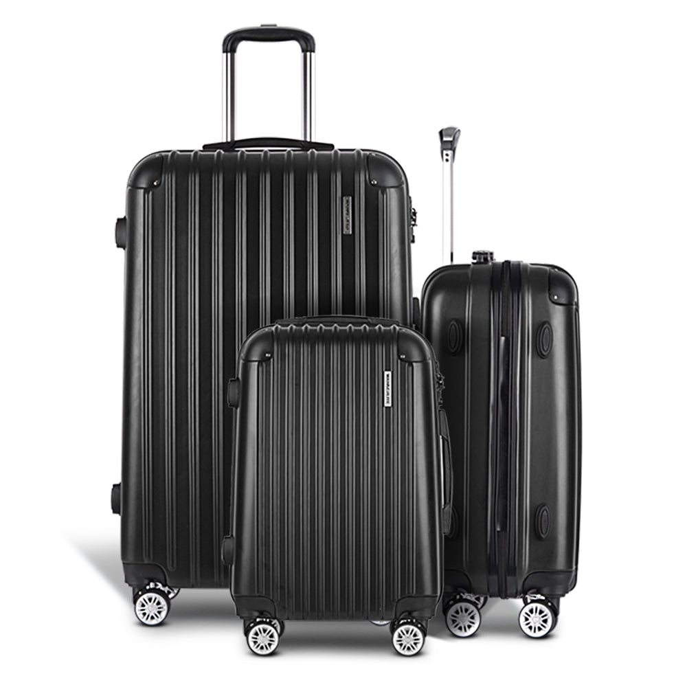 Suitcases: Wanderlite 3 Set Luggage 20-24-28 Inch with Zipper Lock Carry On Hard Shell Travel Suitcase Luggage Case Black