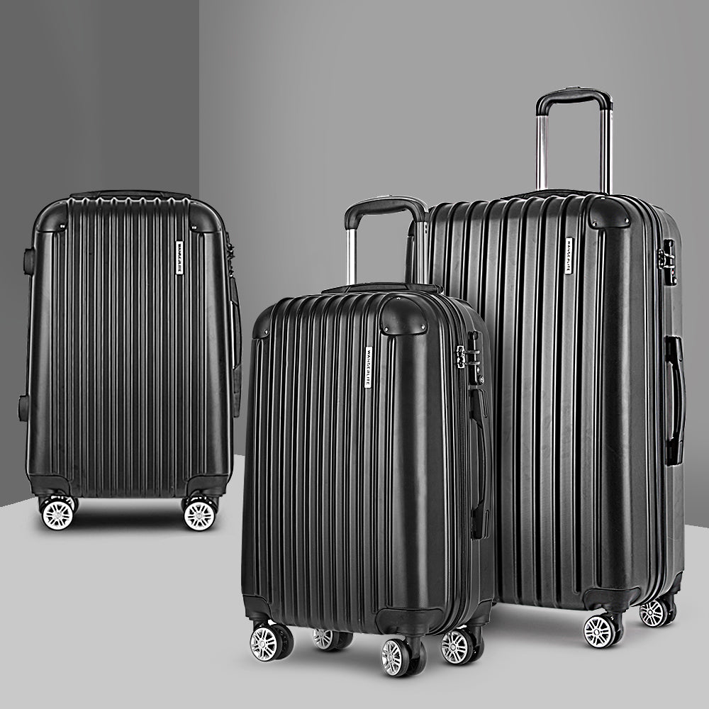Suitcases: Wanderlite 3 Set Luggage 20-24-28 Inch with Zipper Lock Carry On Hard Shell Travel Suitcase Luggage Case Black