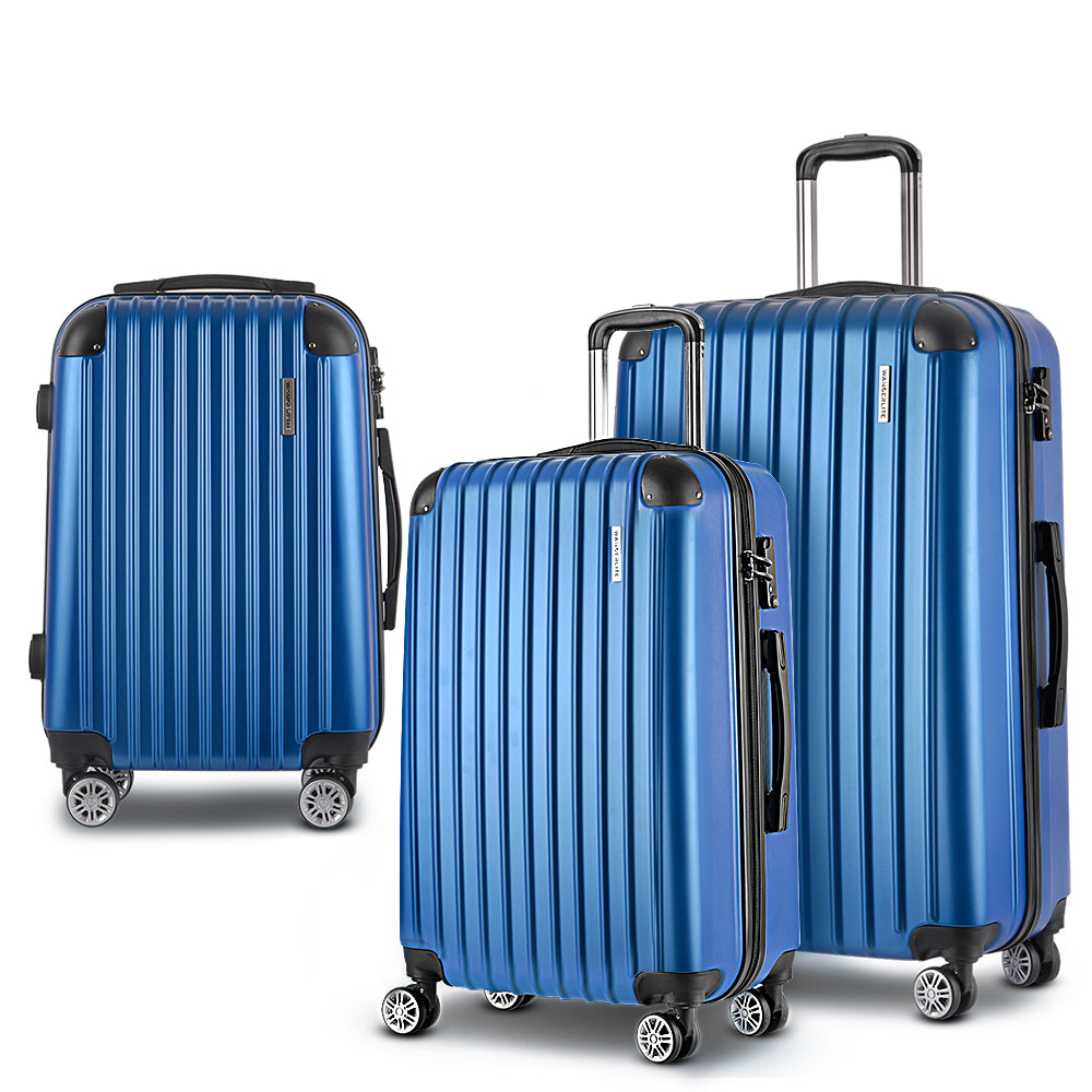 Suitcases: Wanderlite 3 Set Luggage 20-24-28 Inch with Zipper Lock Carry On Hard Shell Travel Suitcase Luggage Case Blue
