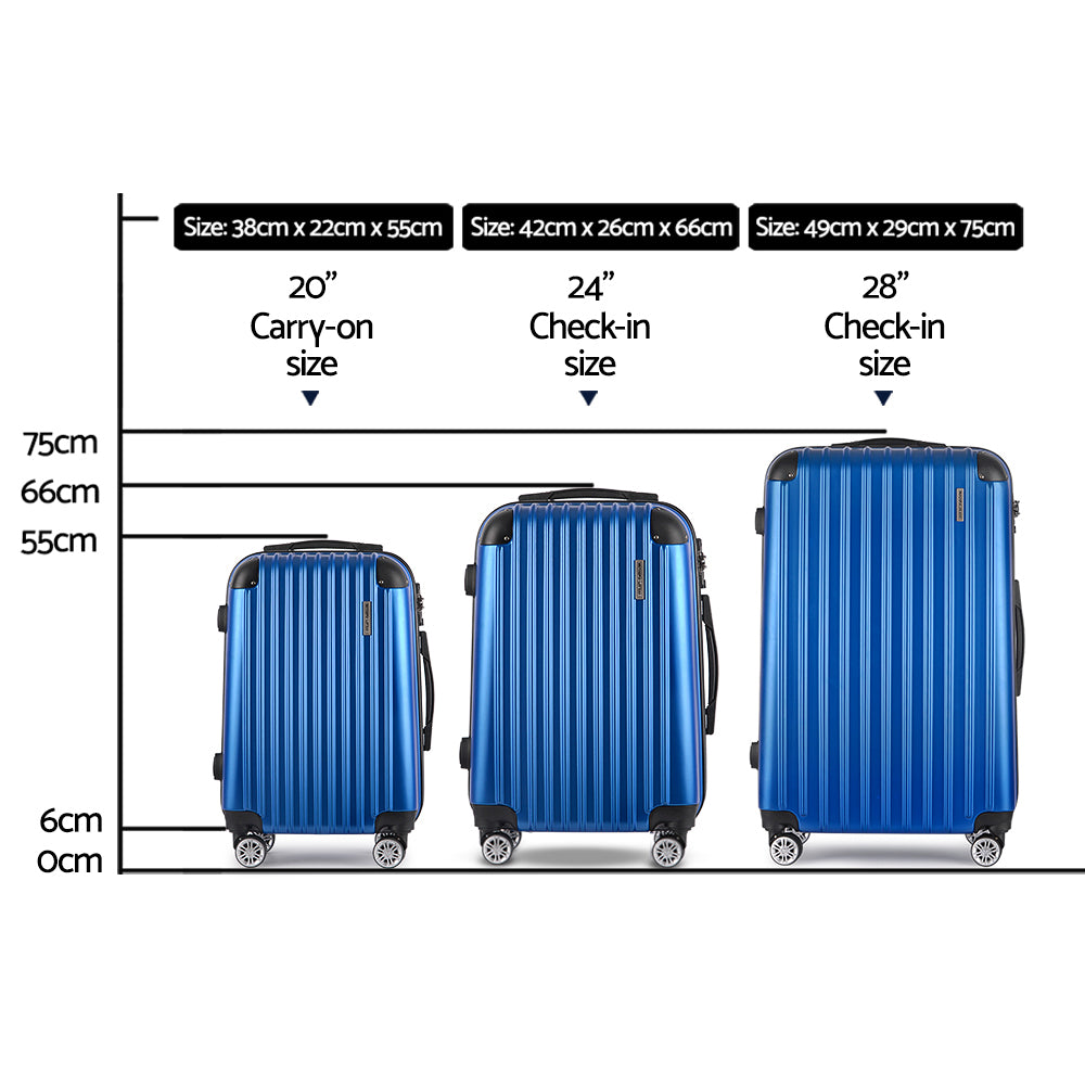 Suitcases: Wanderlite 3 Set Luggage 20-24-28 Inch with Zipper Lock Carry On Hard Shell Travel Suitcase Luggage Case Blue