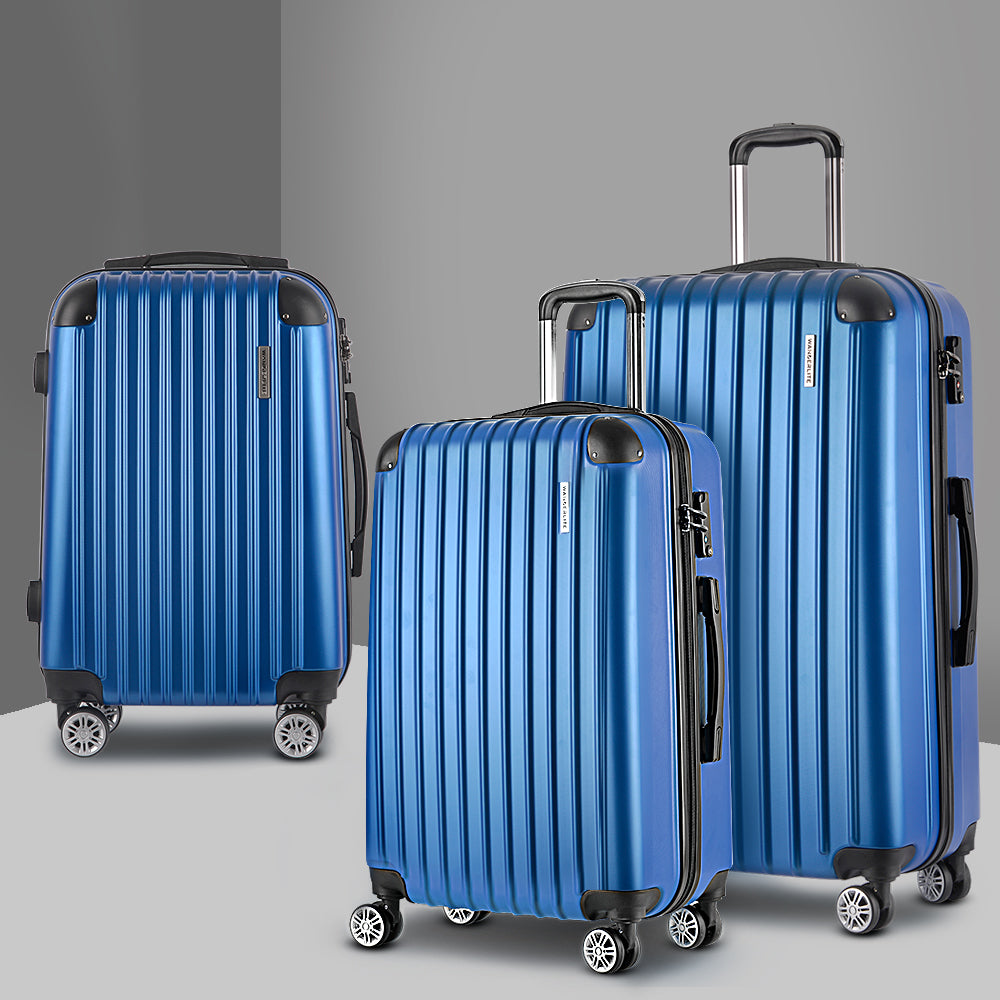 Suitcases: Wanderlite 3 Set Luggage 20-24-28 Inch with Zipper Lock Carry On Hard Shell Travel Suitcase Luggage Case Blue