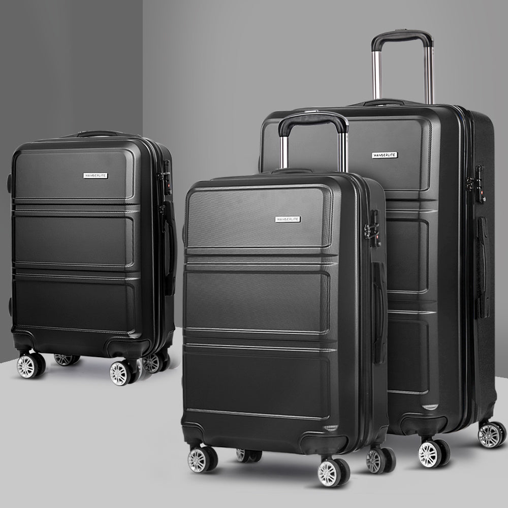 Suitcases: Wanderlite 3Set 20-24-28 Inch Luggage with TSA Lock Spinner Travel Suitcase Carry On Hard Shell Luggage Case Black