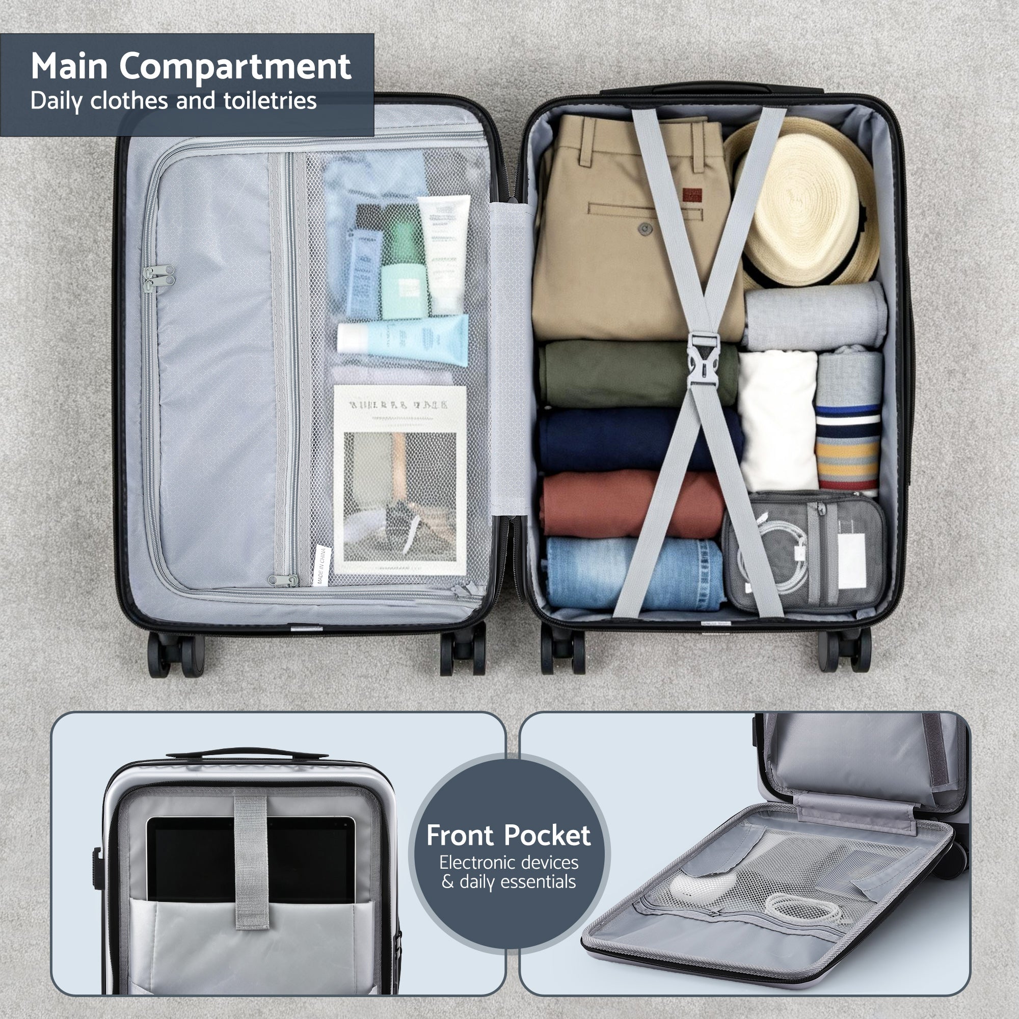 Suitcases: Wanderlite 20" Luggage Suitcase Front Pocket Travel Carry On Dual TSA Silver